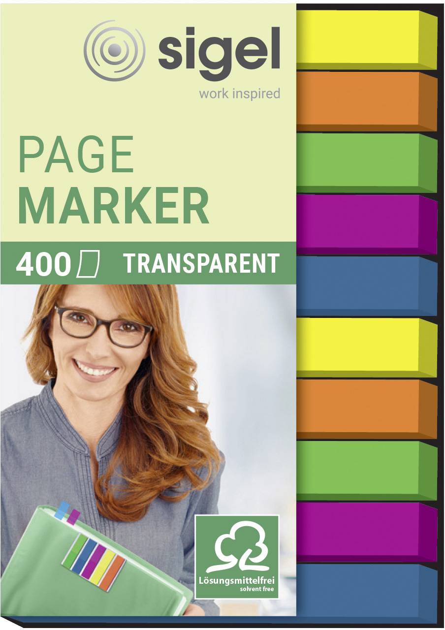 'Page Marker 400 Transparent' von Sigel: Farbige Haftstreifen in Blockform, selbstklebend. Frau mit Brille im Hintergrund lächelt.