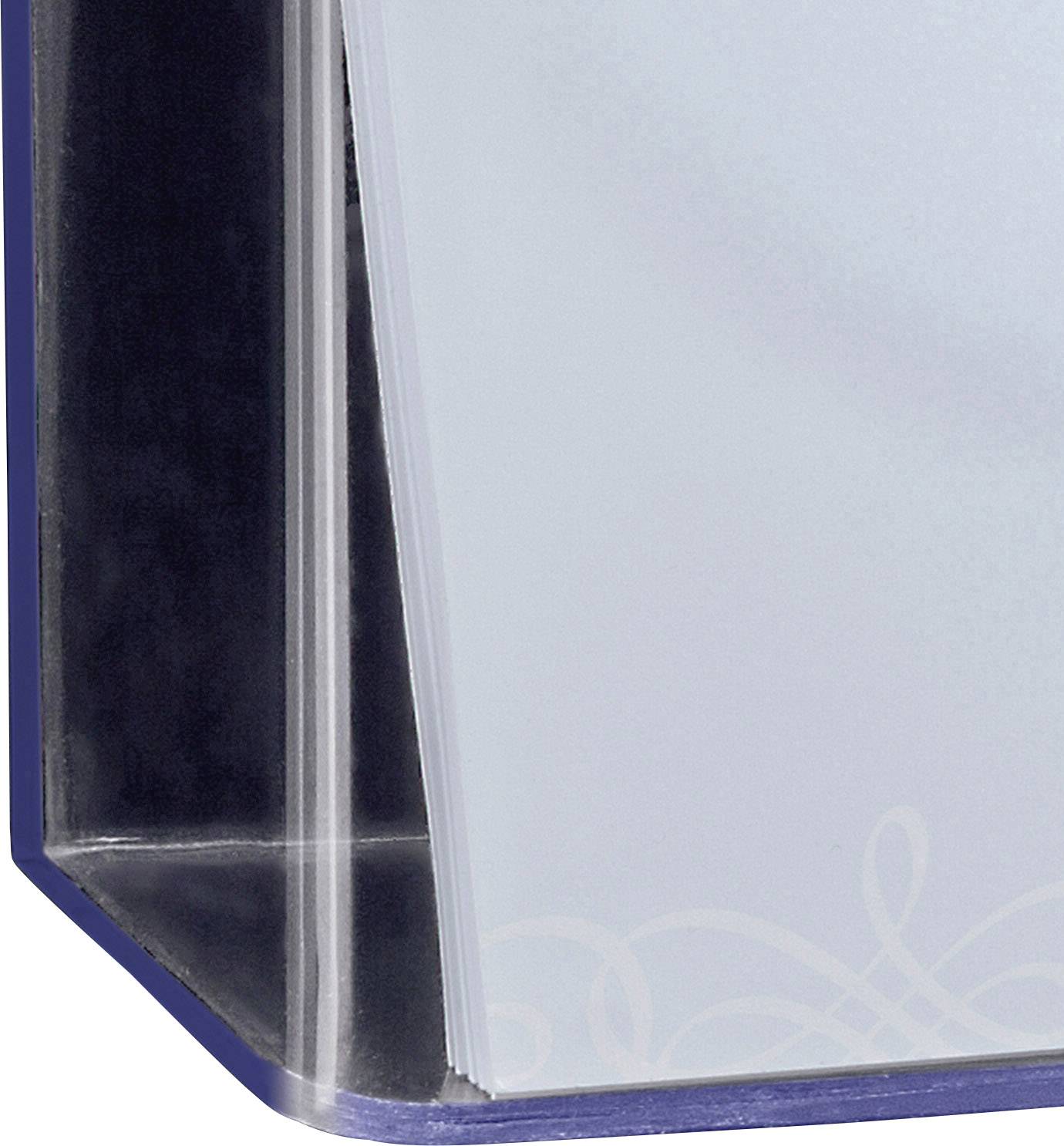 Eine transparente, stehende Acryl-Broschürenhülle mit blauer Kante. Sie ist leer und dient zur Präsentation von Informationsmaterialien.