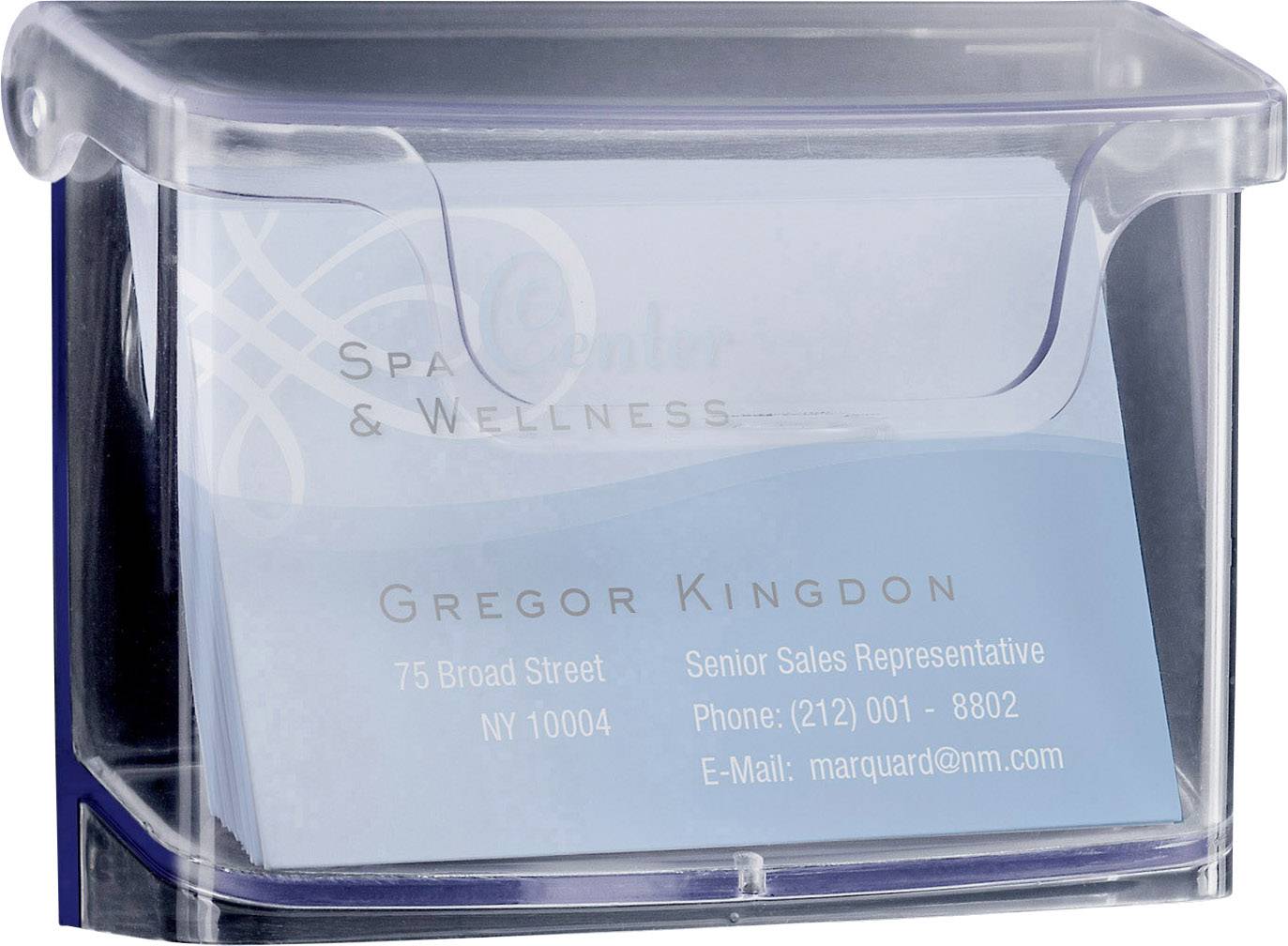 Eine durchsichtige Visitenkartenbox enthält eine Karte eines 'Senior Sales Representative' mit Kontaktdaten und Adresse in New York.