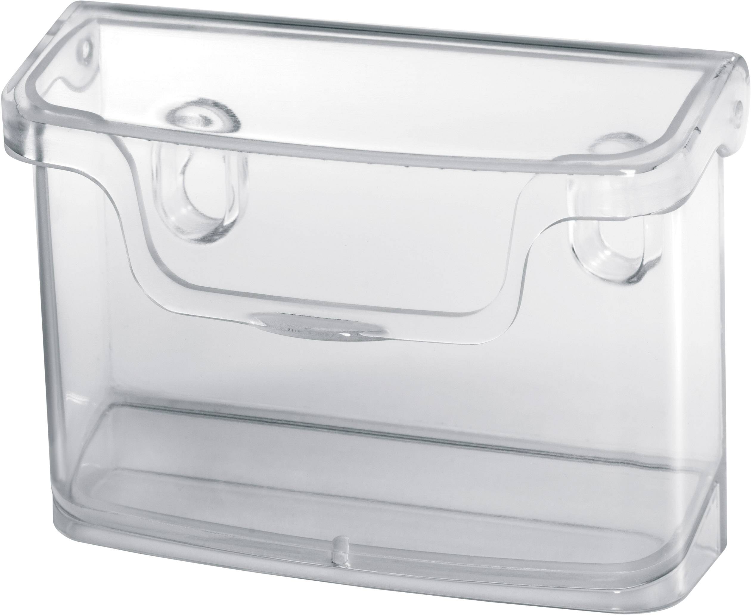 Transparente Kunststoffbox mit zwei Schlüssellöchern zur Wandmontage, geeignet zur Aufbewahrung von kleinen Gegenständen oder Informationen.