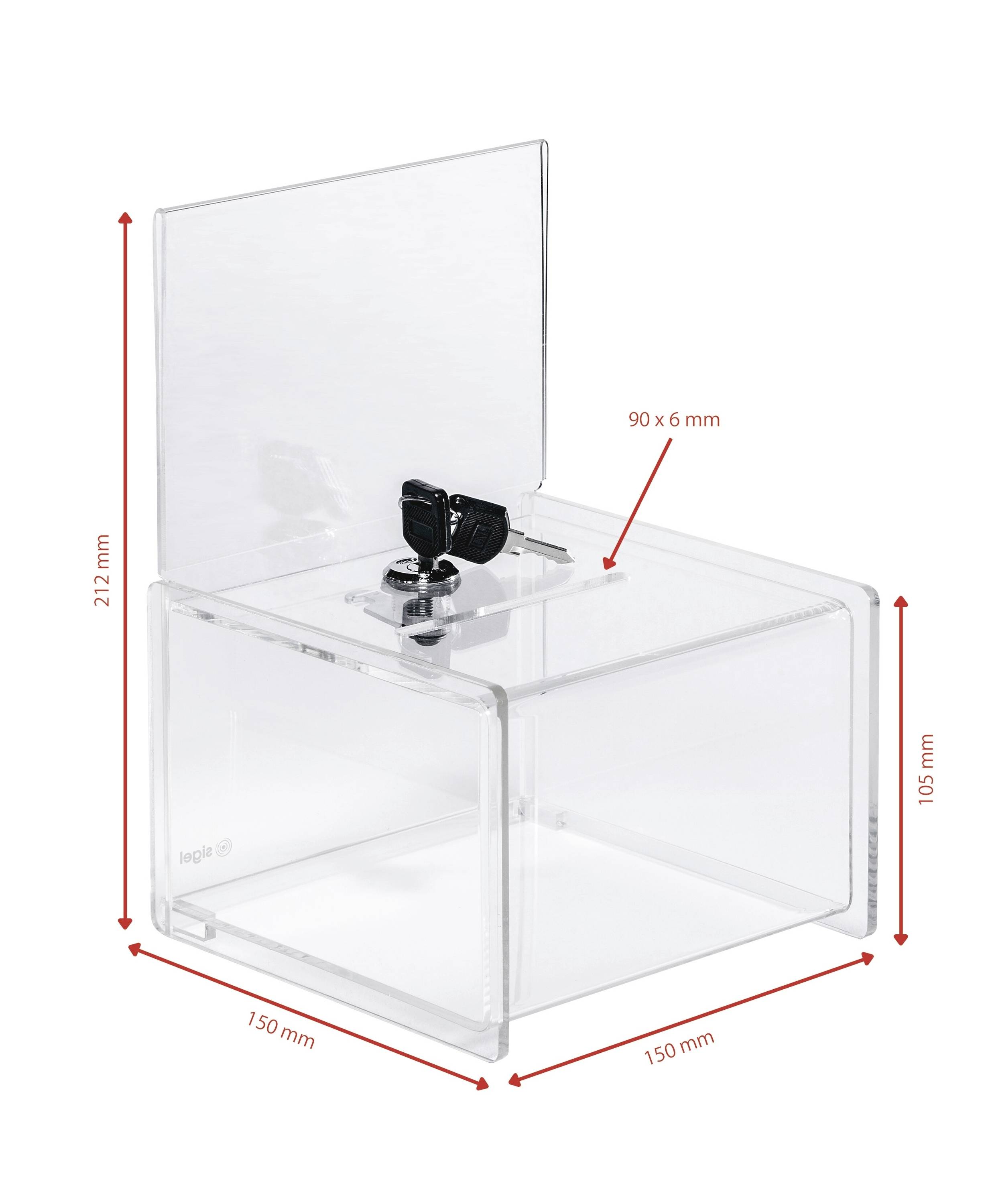 Transparente Acrylbox mit einem Deckel mit Scharnier, Maße 150x150x105 mm. Der Deckel misst 90x6 mm, und die Gesamthöhe beträgt 212 mm. Inklusive Schloss.