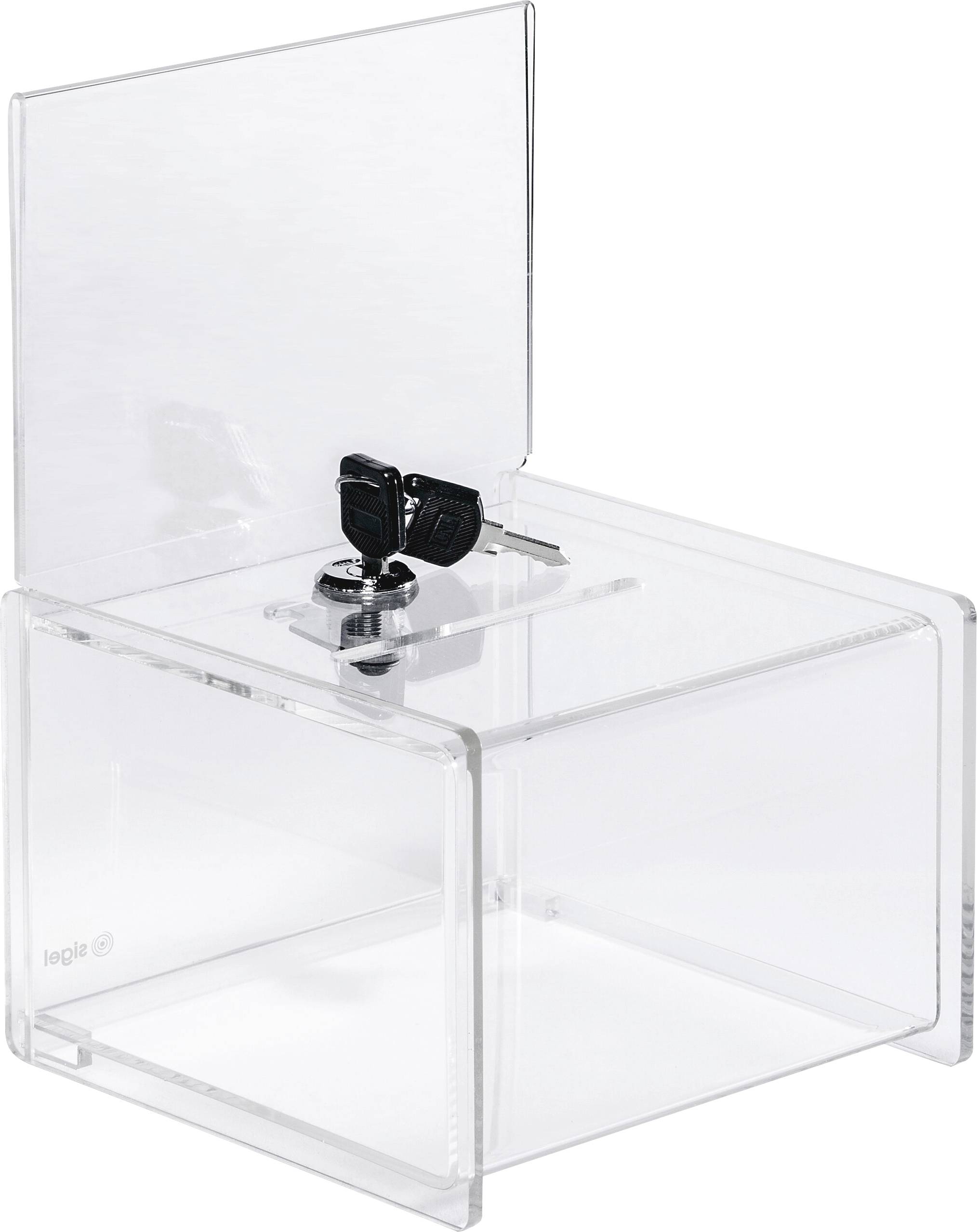Eine transparente, abschließbare Acrylbox mit einem Deckel mit Scharnier, ausgestattet mit einem Verschlussmechanismus mit zwei Schlüsseln oben, die zur sicheren Aufbewahrung verwendet wird.