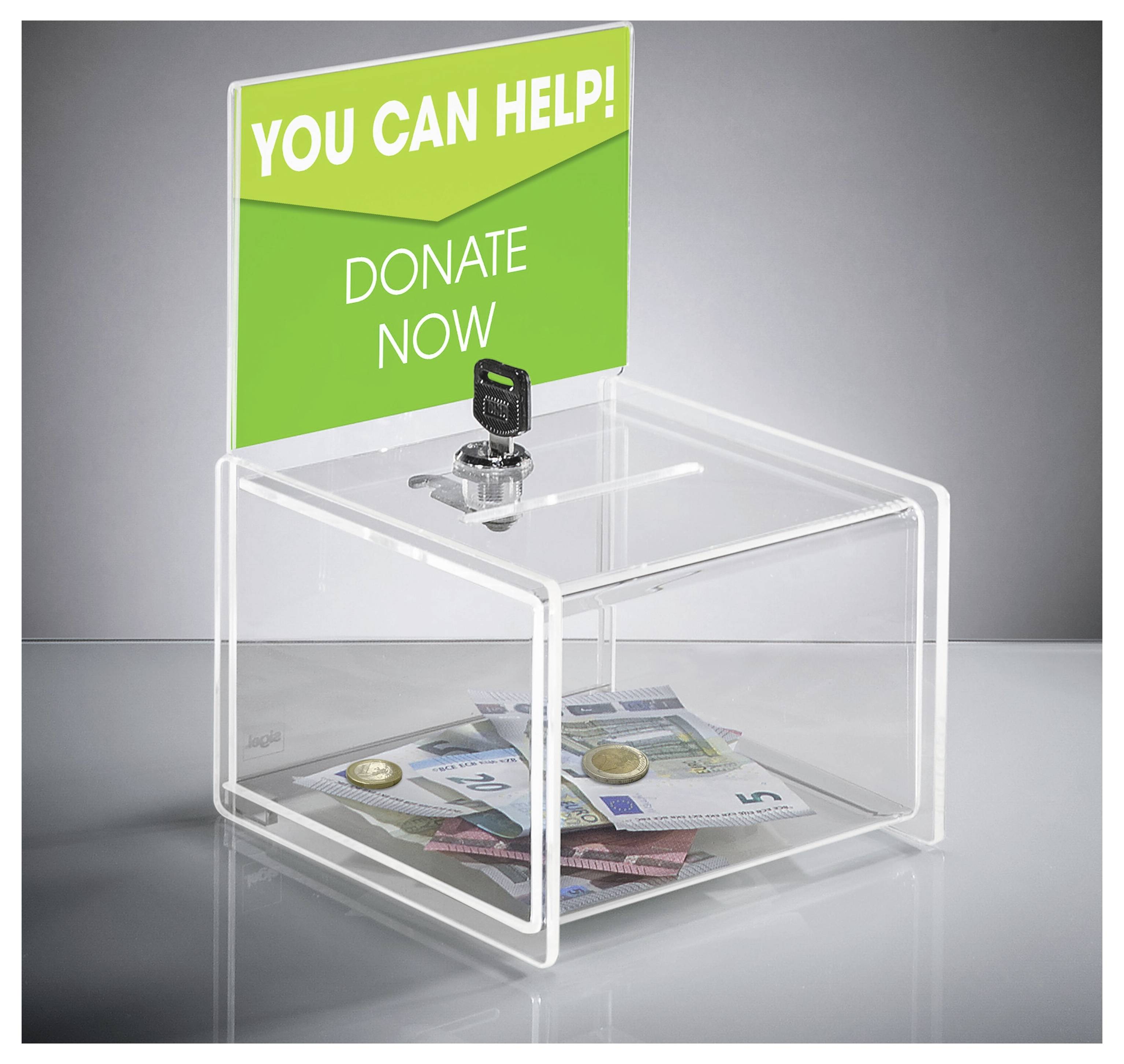 Transparente Spendendose mit Geldscheinen und Münzen, gekrönt von einem grünen Schild mit der Aufschrift „SIE KÖNNEN HELFEN! SPENDEN SIE JETZT".