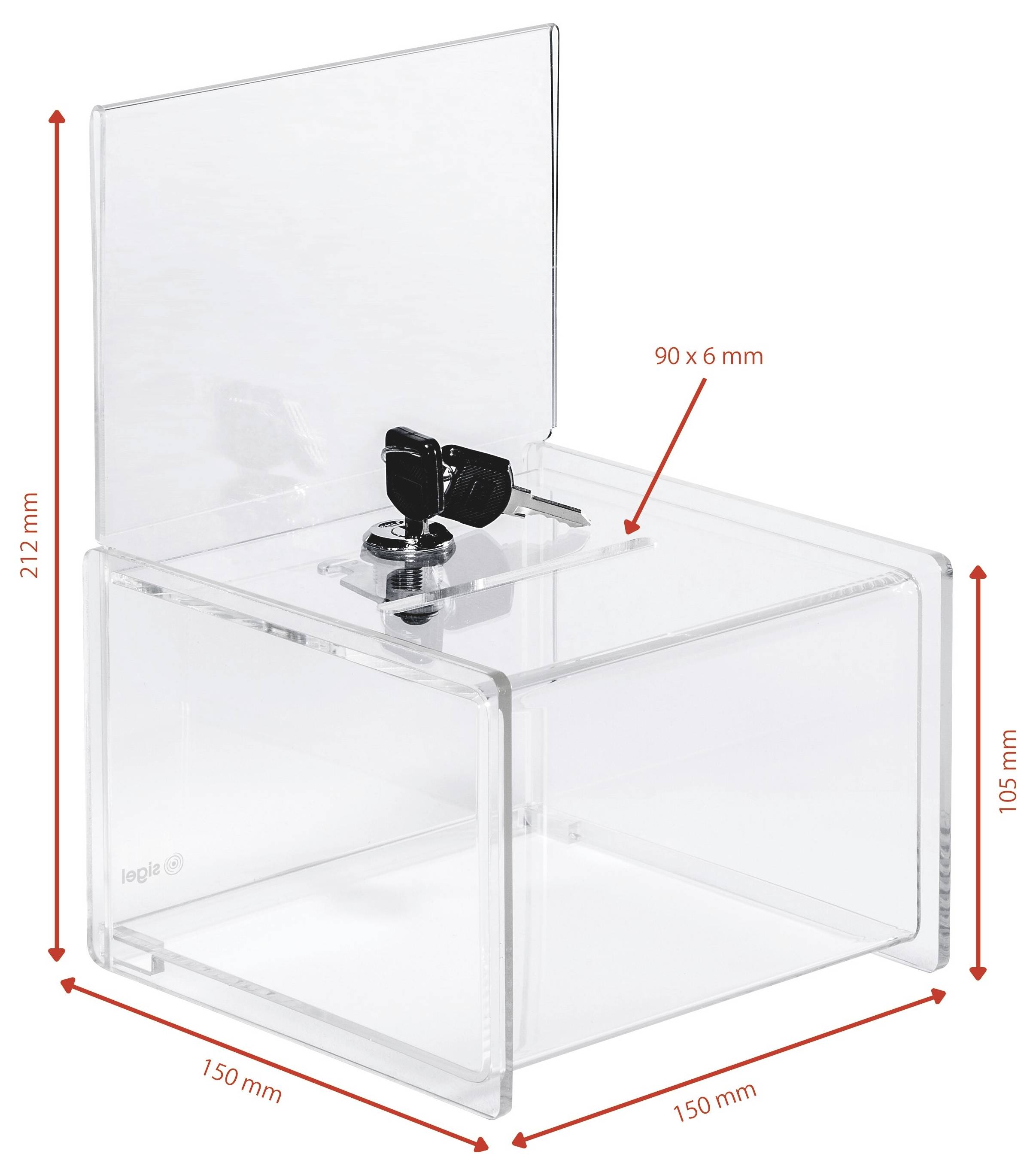 Annotierte durchsichtige Sperrbox mit Deckel zum Aufklappen, Schlüsselsperrmechanismus und beschrifteten Abmessungen: 150 x 150 mm Basis, 105 mm Höhe, 212 mm Gesamthöhe, 90 x 6 mm Schlitz.
