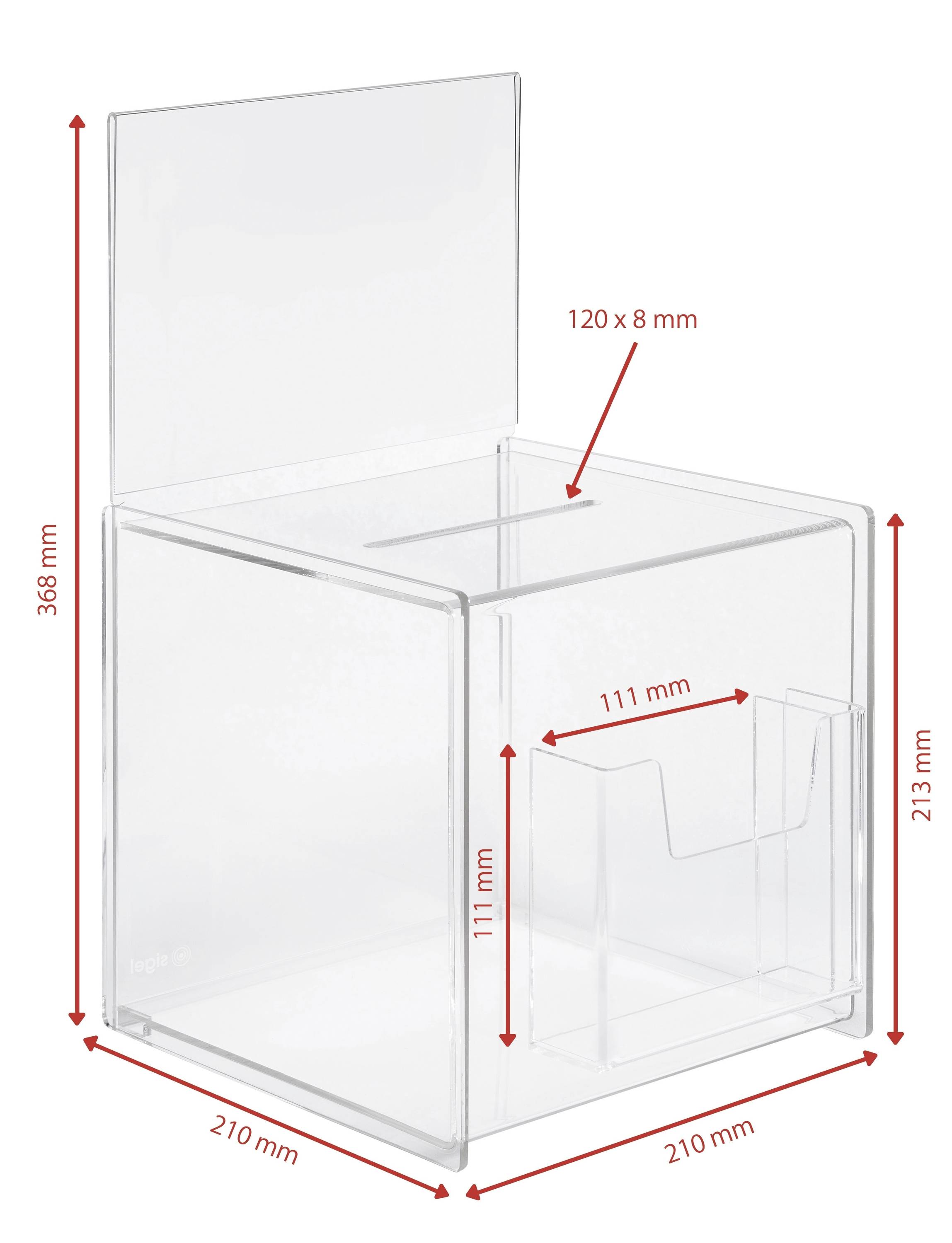 Transparente Acrylbox mit abnehmbarem Header, misst 386 mm in der Höhe. Die Box ist 210 mm breit und 213 mm tief, verfügt über einen Schlitz auf der Oberseite und eine angebrachte kleinere Tasche mit den Maßen 111 mm x 111 mm.