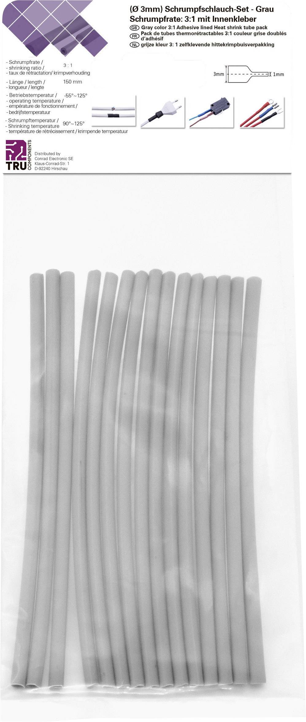 Eine Packung mit grauen Schrumpfschläuchen, 3:1 Schrumpfrate, Innendurchmesser 30 mm. Ideal zur Kabelisolierung und -schutz.