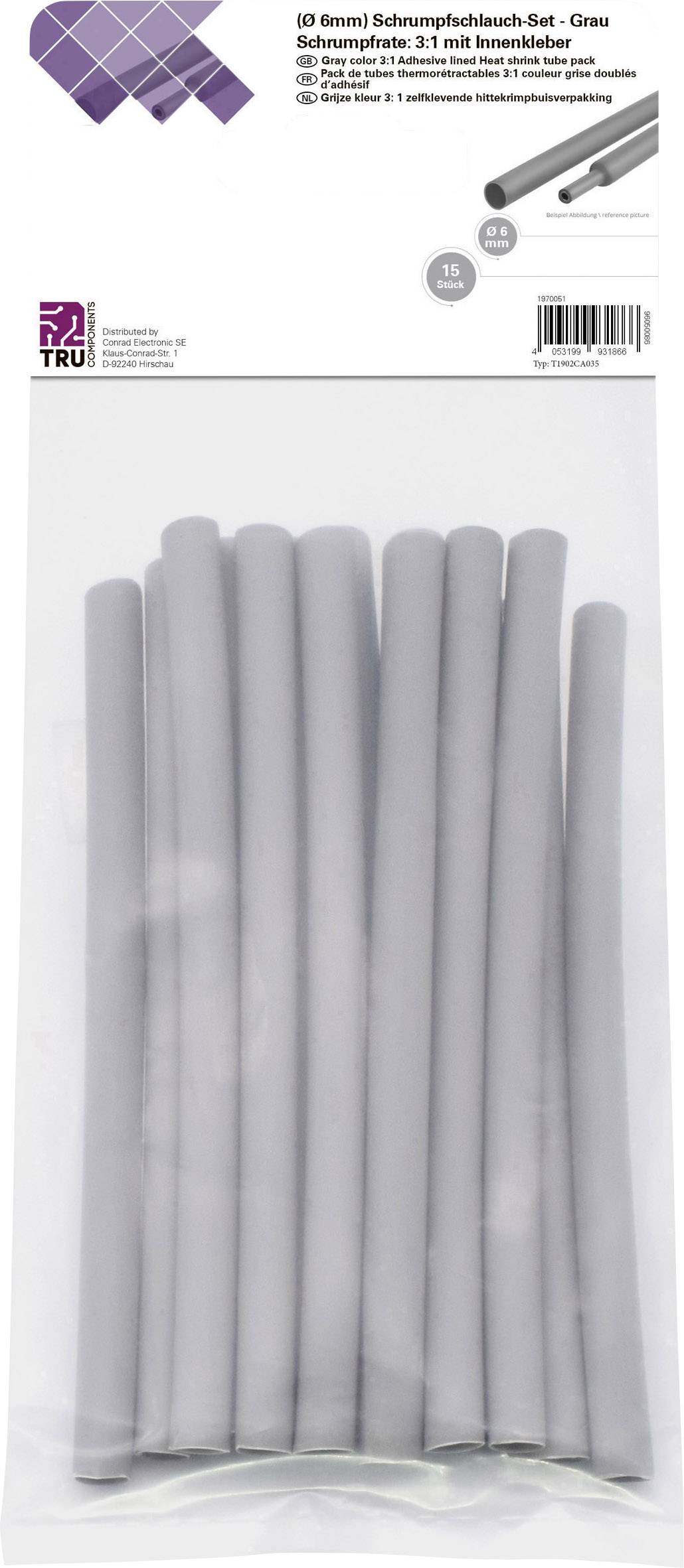 Packung mit mehreren grauen Schrumpfschläuchen, 16 mm Durchmesser. Plastiktüte mit Etikett und Produktinformationen oben.