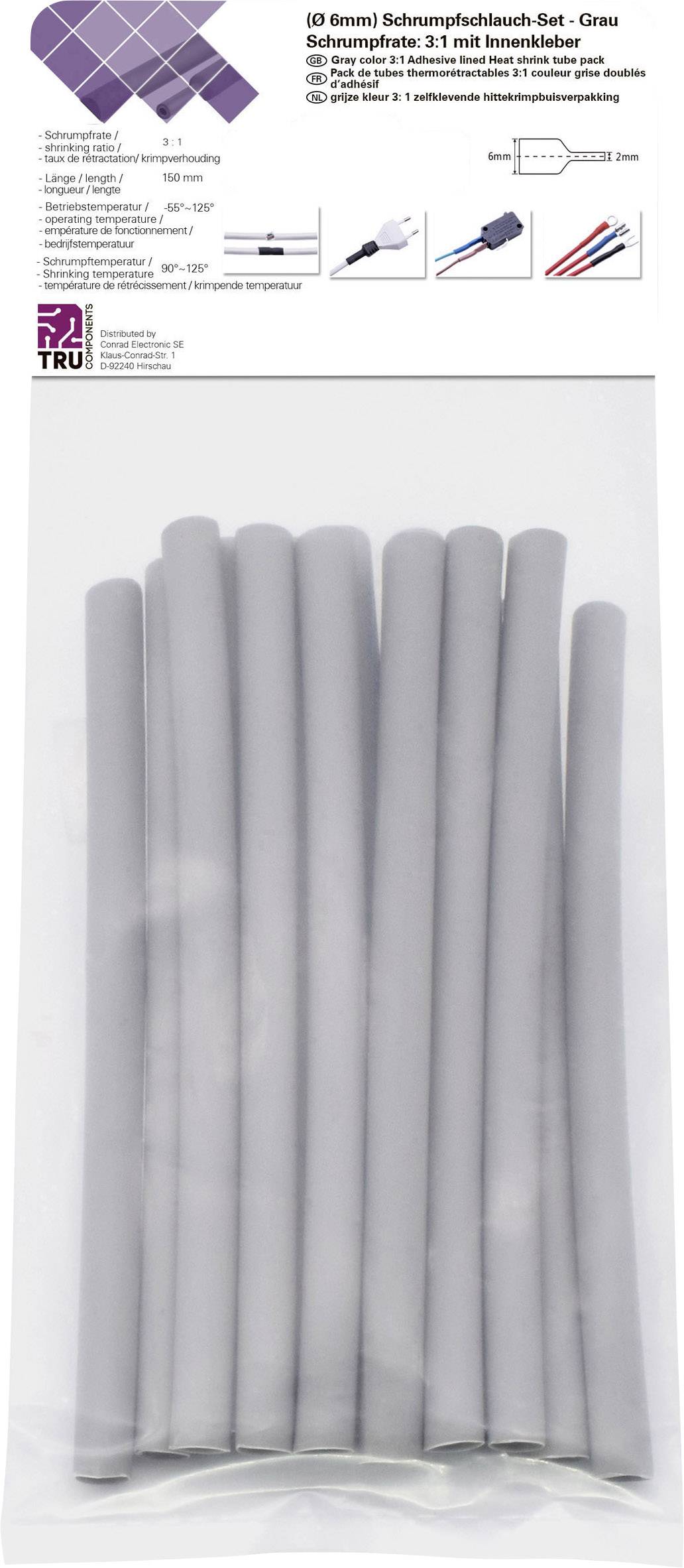 Ein Set grauer Schrumpfschläuche mit einem Durchmesser von 6 mm, verpackt in einer transparenten Tüte, geeignet für Kabelschutz.