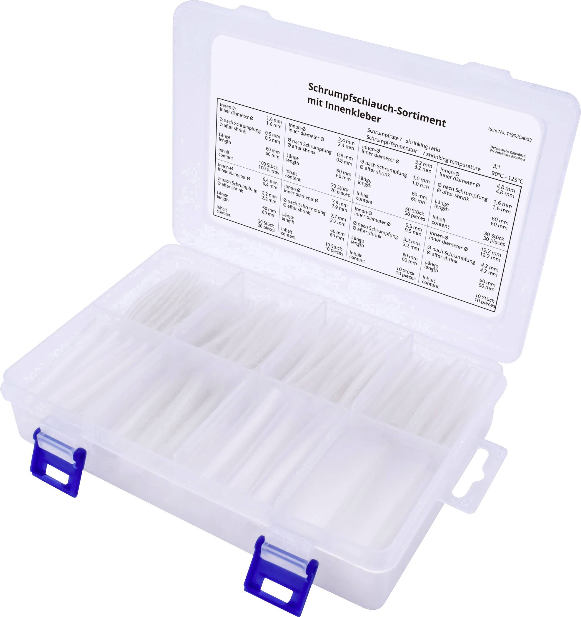 Ein Sortimentskasten mit Schrumpfschläuchen verschiedener Größen und Längen, beschrieben als 'Schrumpfschlauch-Sortiment mit Innenkleber'.