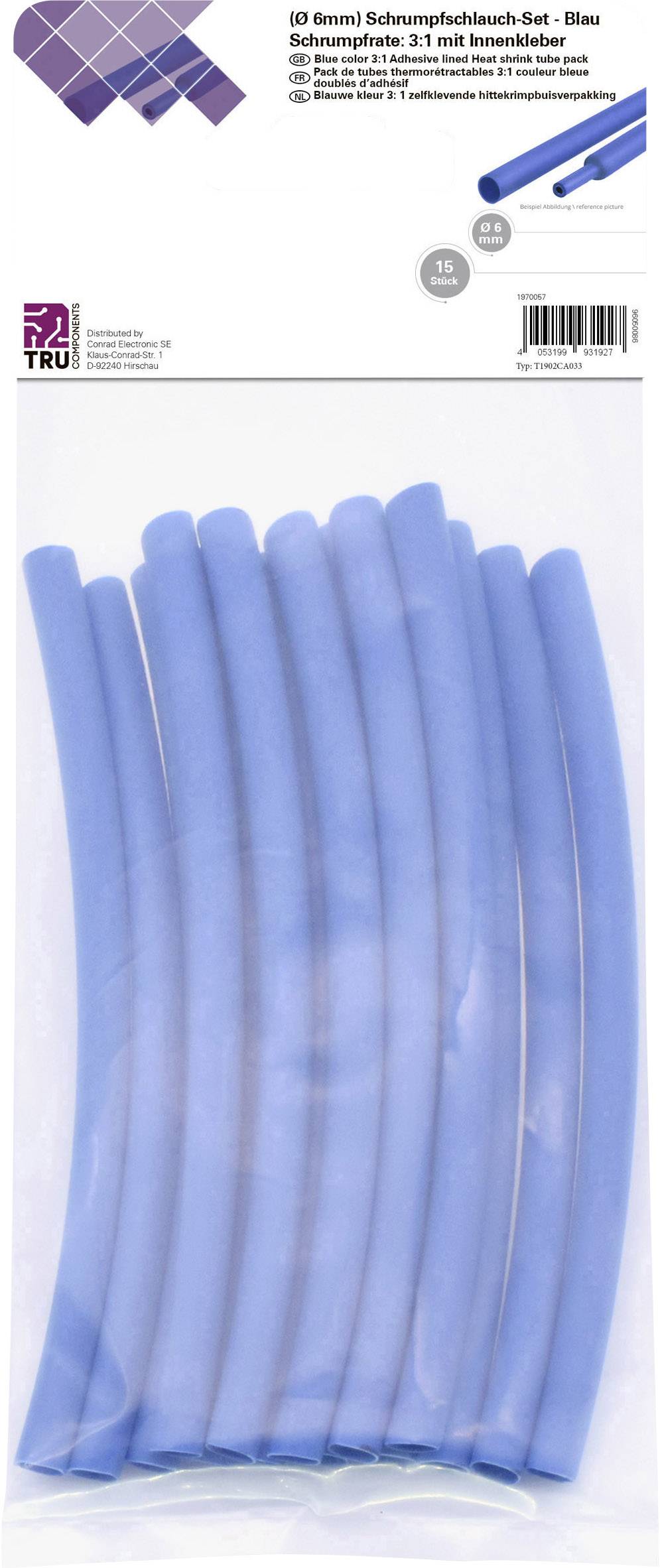 TRU COMPONENTS T1902CA033 Schrumpfschlauchsortiment Blau 6mm 2mm Schrumpfrate:3:1 15St.
