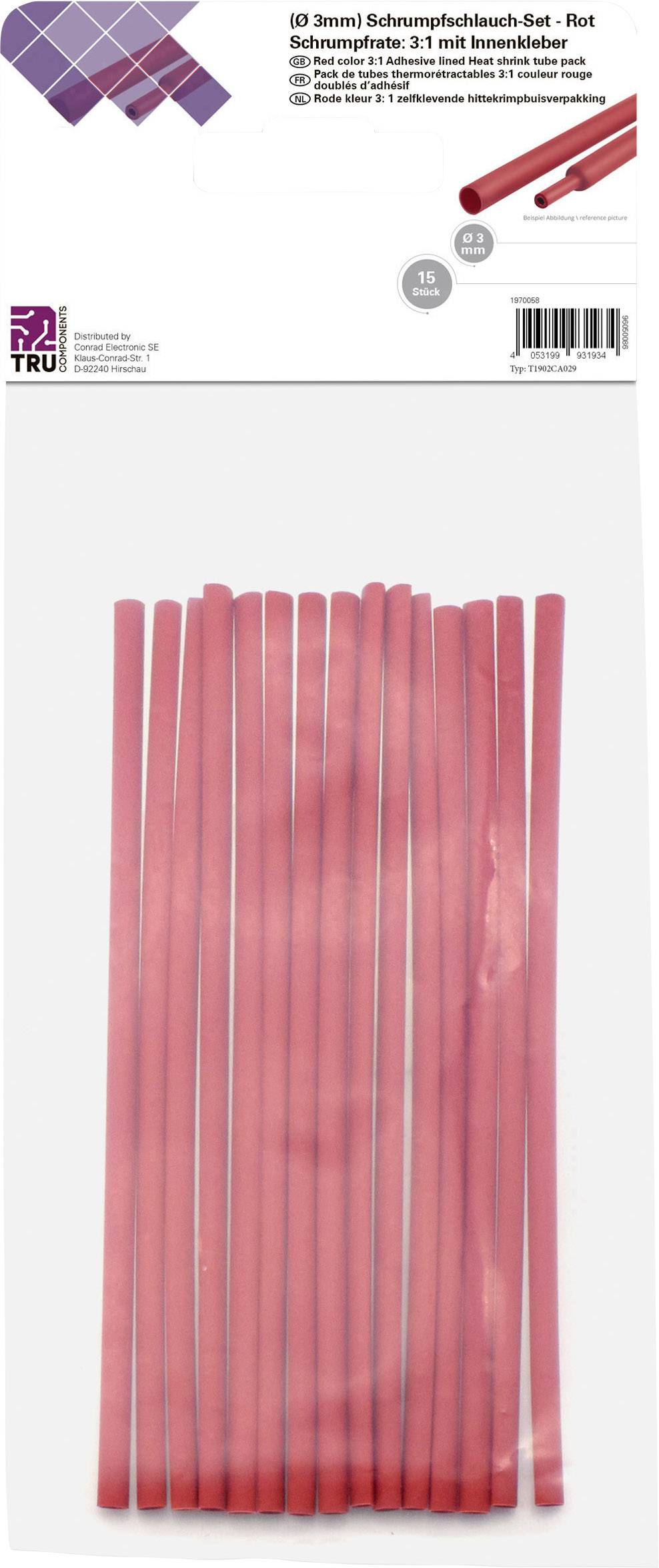 15-teiliges Schrumpfschlauch-Set rot, 3:1 Schrumpfrate, ideal für Kabelisolierung und -schutz.