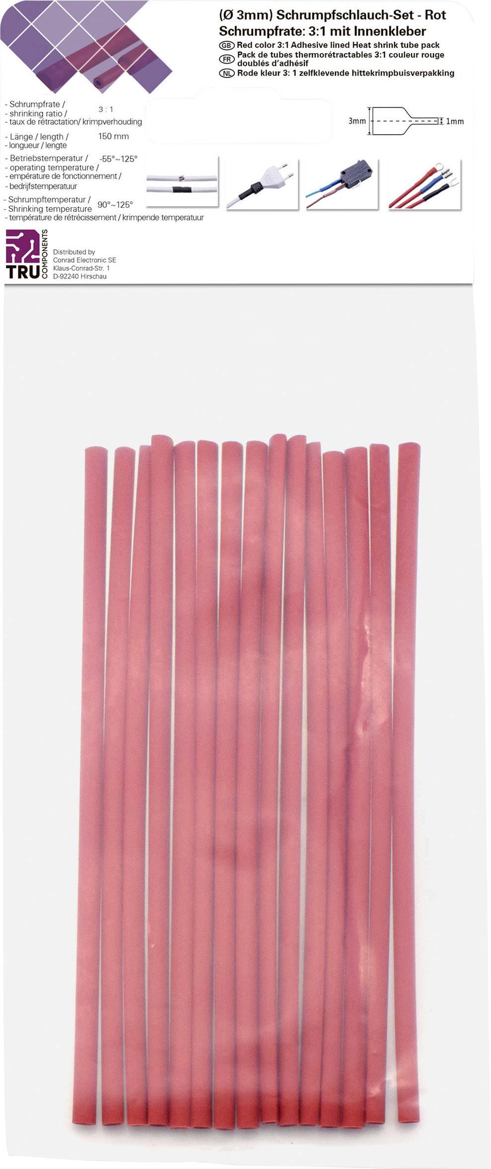 Das Bild zeigt ein Set roter Schrumpfschläuche (3:1), geeignet für Elektroarbeiten, bestehend aus mehreren langen, dünnen Schläuchen.