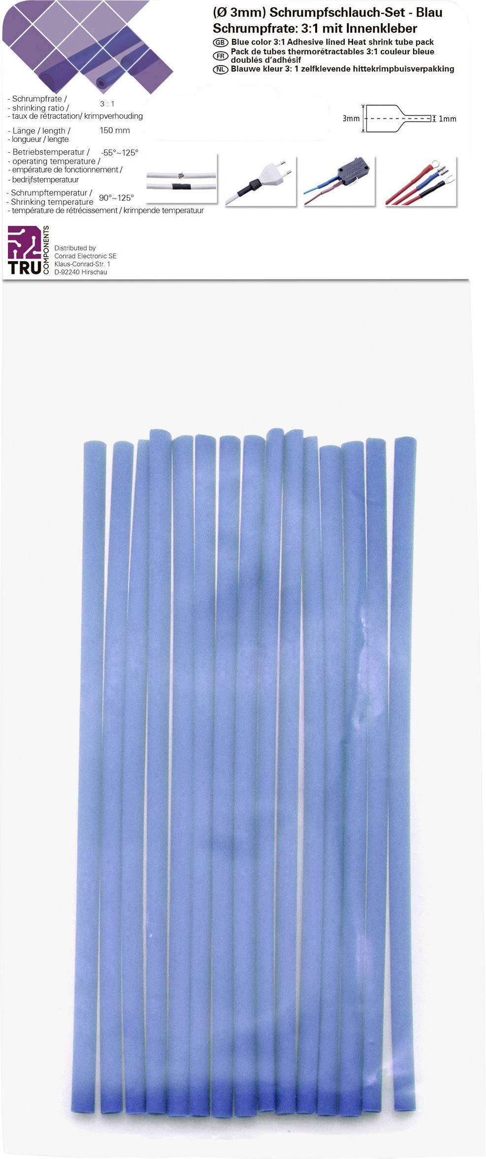 Blaues Schrumpfschlauchset mit 30 Stücken à 10 cm, Schrumpfrate 3:1 und Innenschicht aus Kleber, geeignet für Kabelverbindungen.