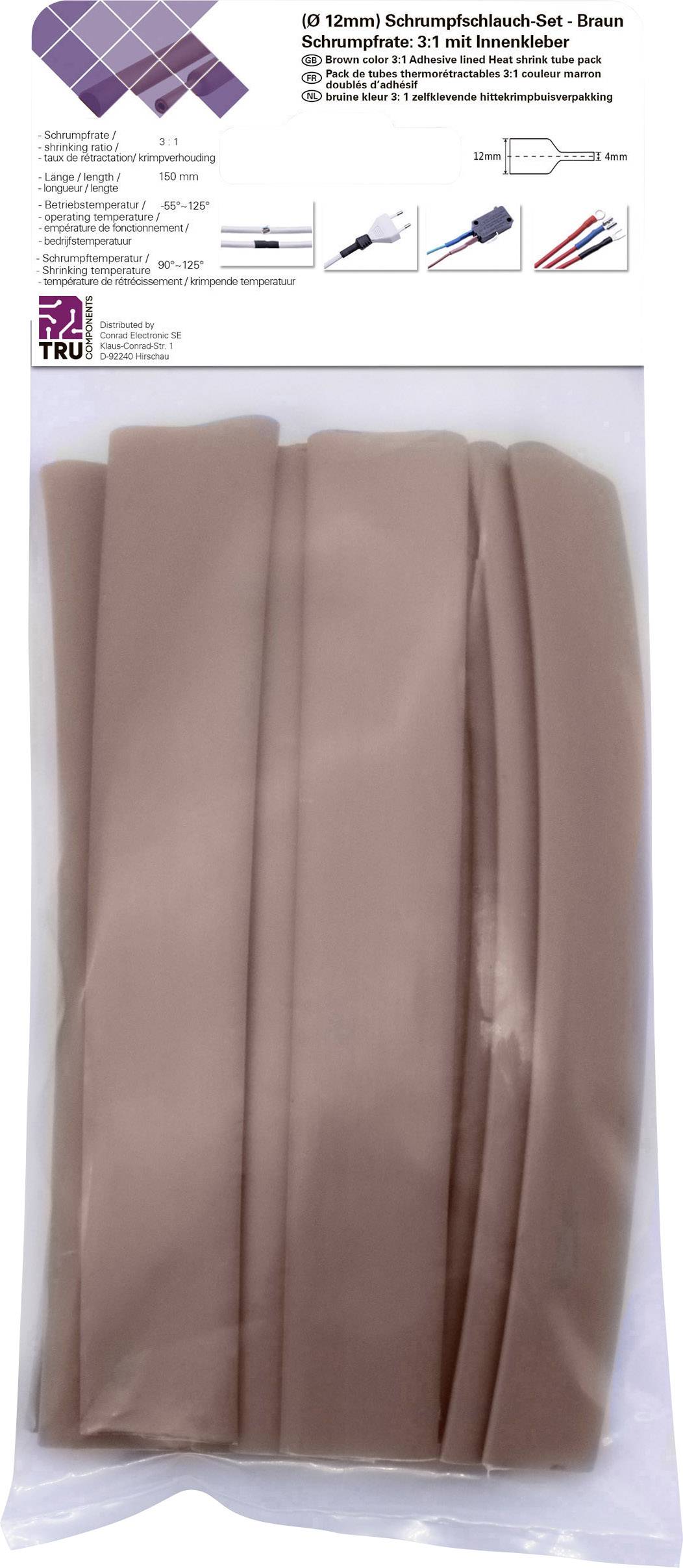 Set mit braunen Schrumpfschläuchen, 10-teilig, 31 mm. Zeichnungen oben zeigen unterschiedliche Schrumpf- und Einsatzmöglichkeiten. Verpackung von TRU Components.
