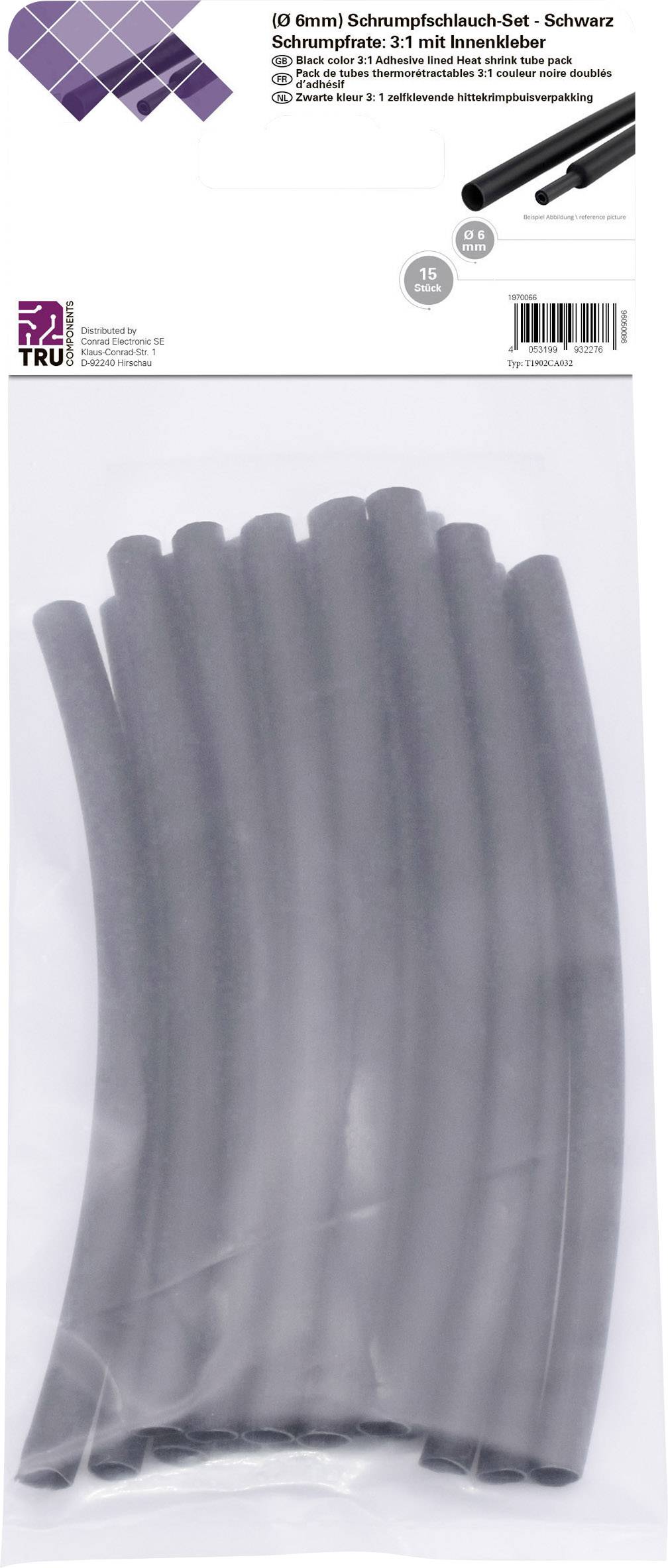 TRU COMPONENTS T1902CA032 Schrumpfschlauchsortiment Schwarz 6 mm 2 mm Schrumpfrate:3:1 15 St.