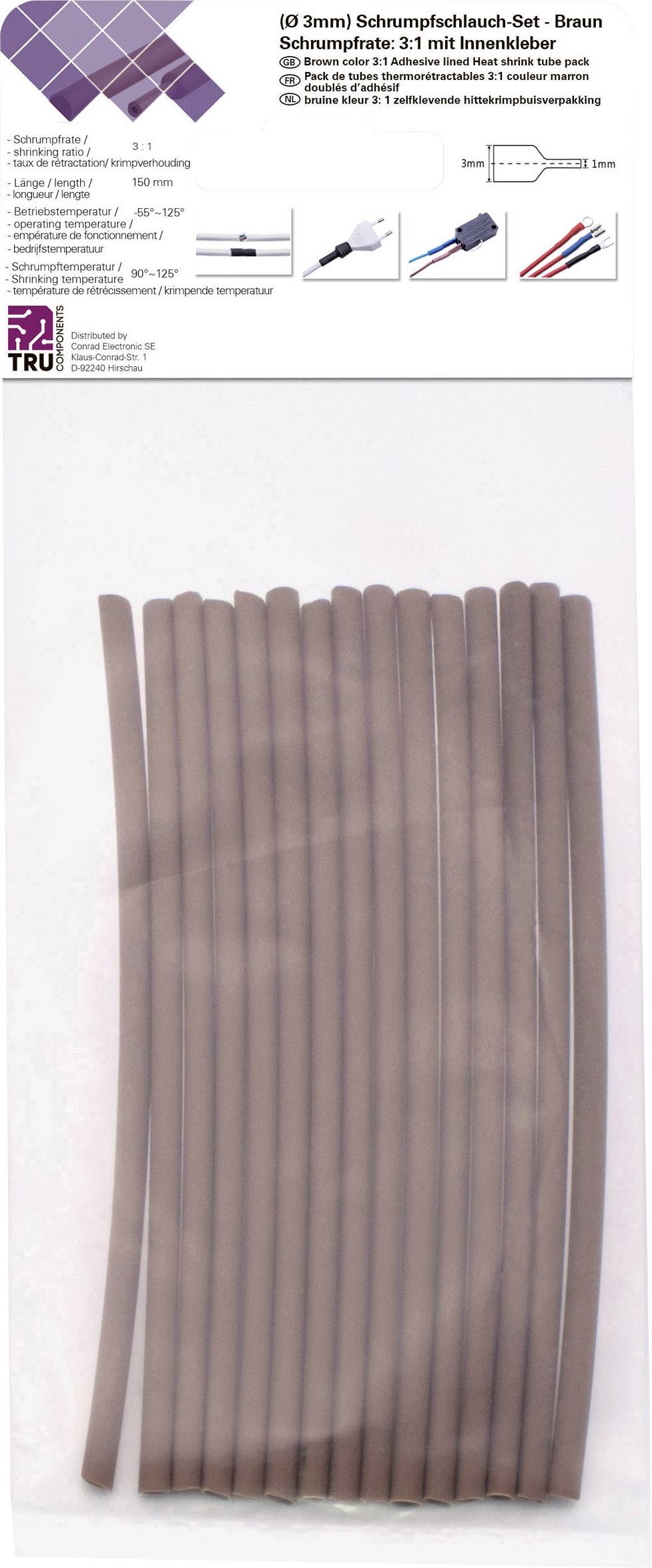 Braune Schrumpfschläuche im Set (3 mm), 31 Teile mit Innenkleber. Verpackung zeigt Anwendungshinweise und Sicherheitsinformationen.