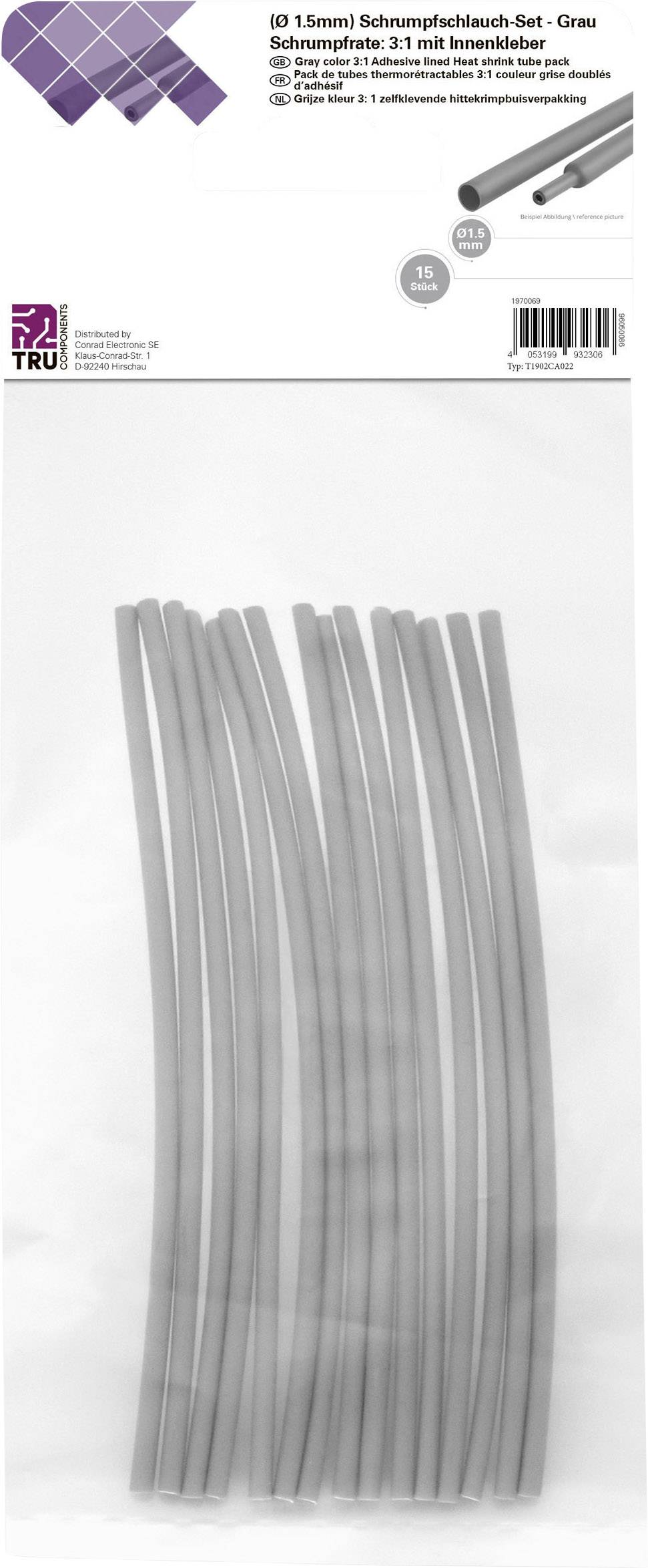 Schrumpfschlauch-Set, Grasfarbe, 3:1 Schrumpfrate, 15 Stück. Oben: grafische Darstellung einer Schrumpfung.