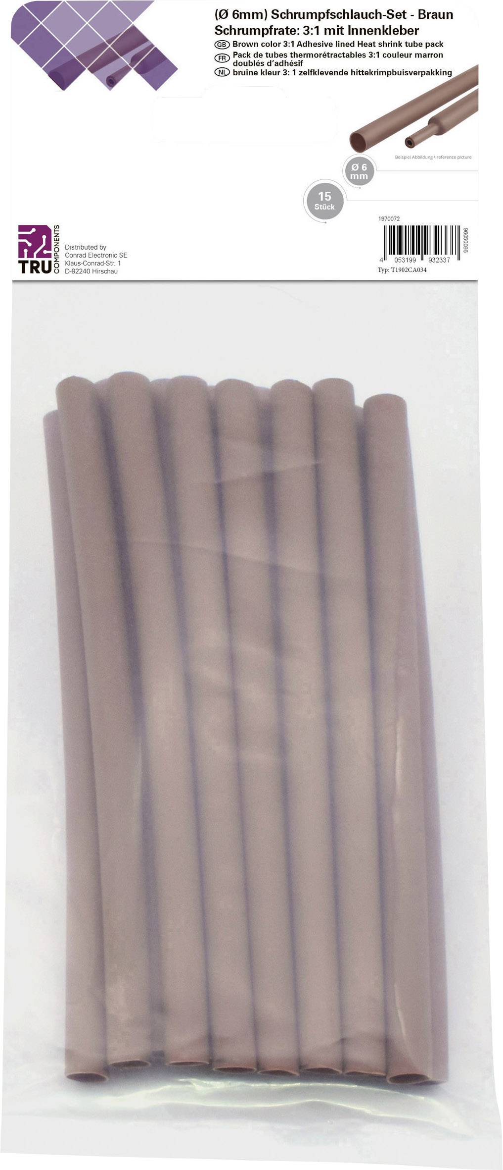 Schrumpfschlauch-Set, braun, Durchmesser 10 mm, 2:1 Schrumpfrate, 1 m Länge. Enthält 10 Schläuche in transparenter Verpackung.