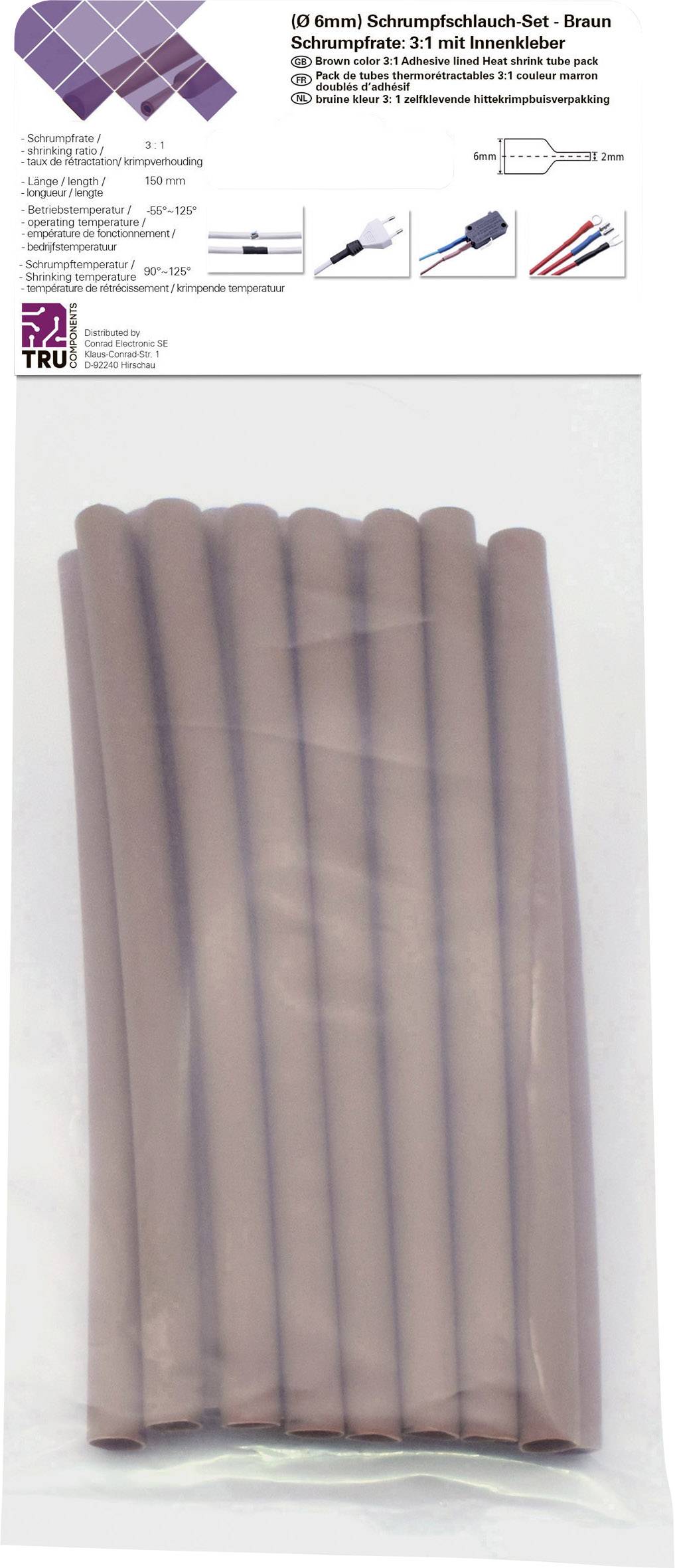 Set mit braunen Schrumpfschläuchen, Größe 6 mm, für isolierende Kabelverbindungen. Enthält acht Stück, abgebildet in Verpackung.