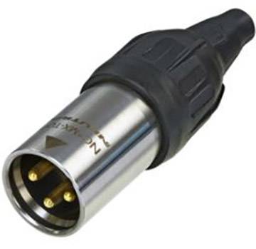 XLR-Stecker mit drei goldenen Pins und schwarzem Kunststoffgehäuse, meist für professionelle Audiokabelverbindungen verwendet.