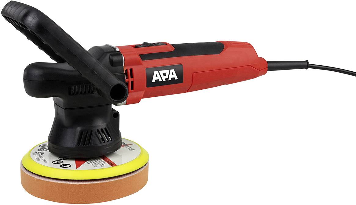 Eine rot-schwarze elektrische Poliermaschine von APA mit gelber und oranger Polierscheibe, verbunden durch ein Netzkabel.
