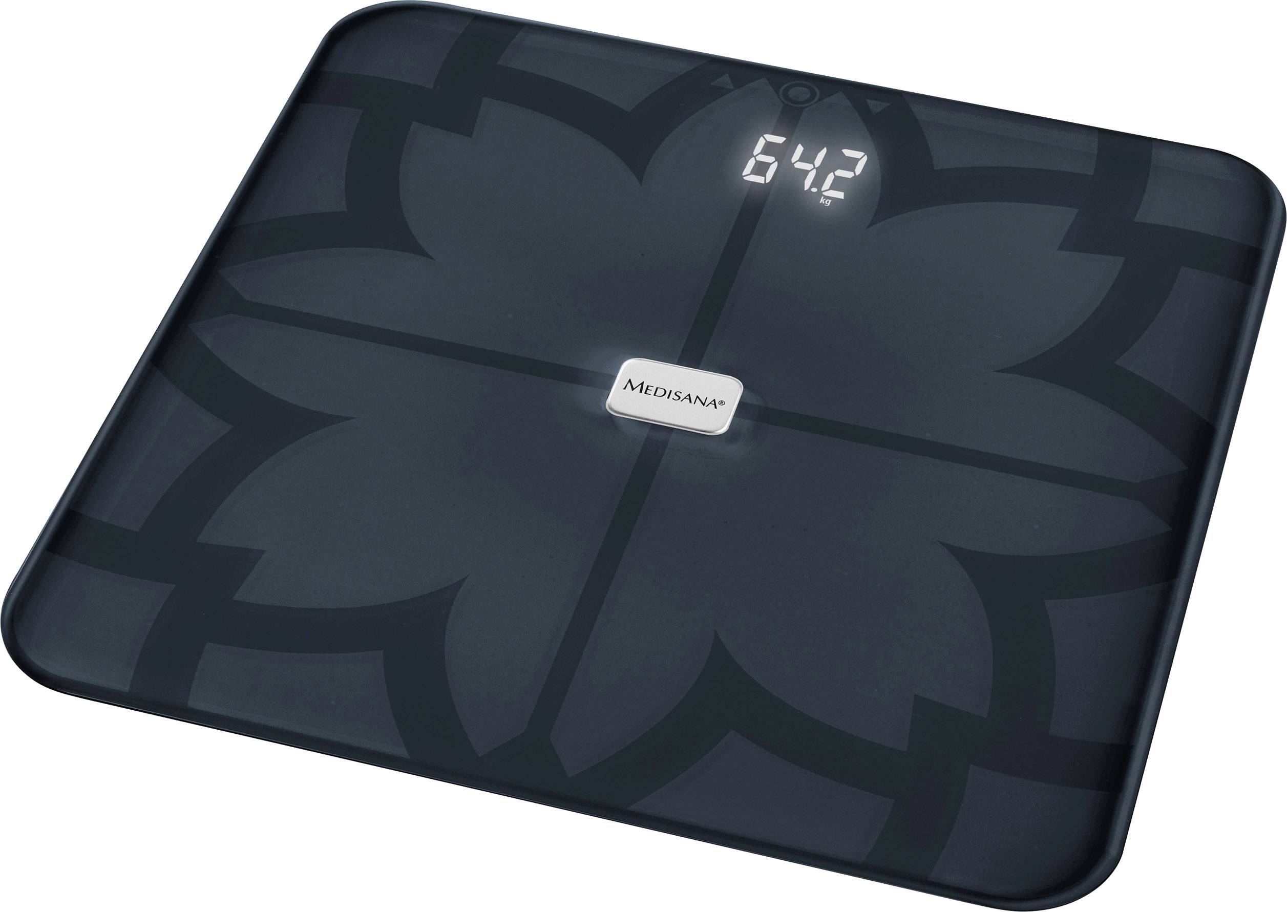 Eine digitale Personenwaage zeigt das Gewicht 64,2 kg an. Das Design ist modern mit einem geometrischen Muster in der Mitte der Waage.