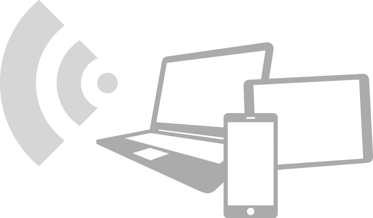 Digitale Endgeräte: Laptop, Tablet und Smartphone neben einem WLAN-Symbol, was auf kabellose Konnektivität hinweist.