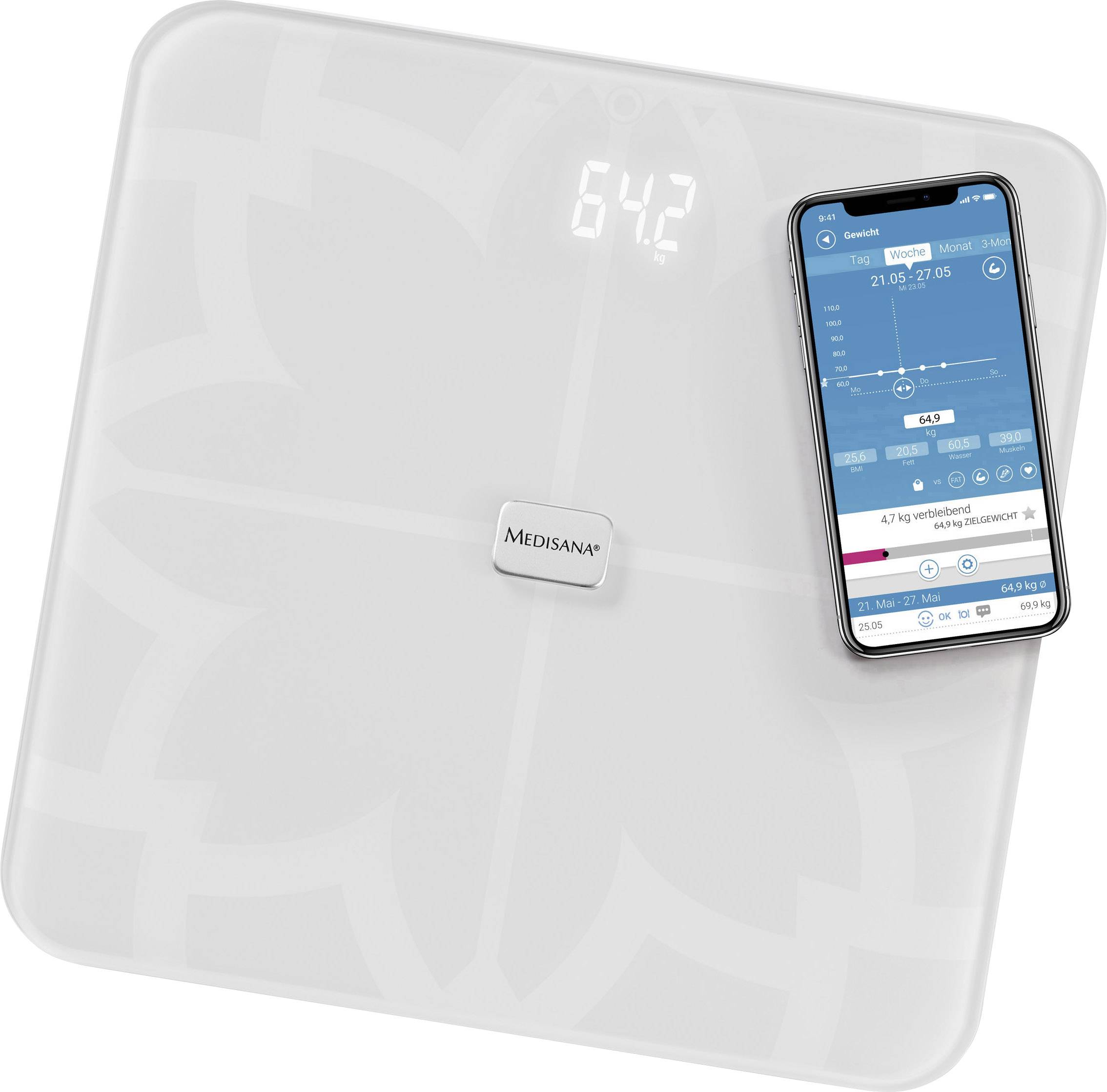 Medisana BS 450 ws Körperanalysewaage 40511 Wägebereich (max.)=180 kg Weiß Mit Bluetooth, ITO-Sensoren
