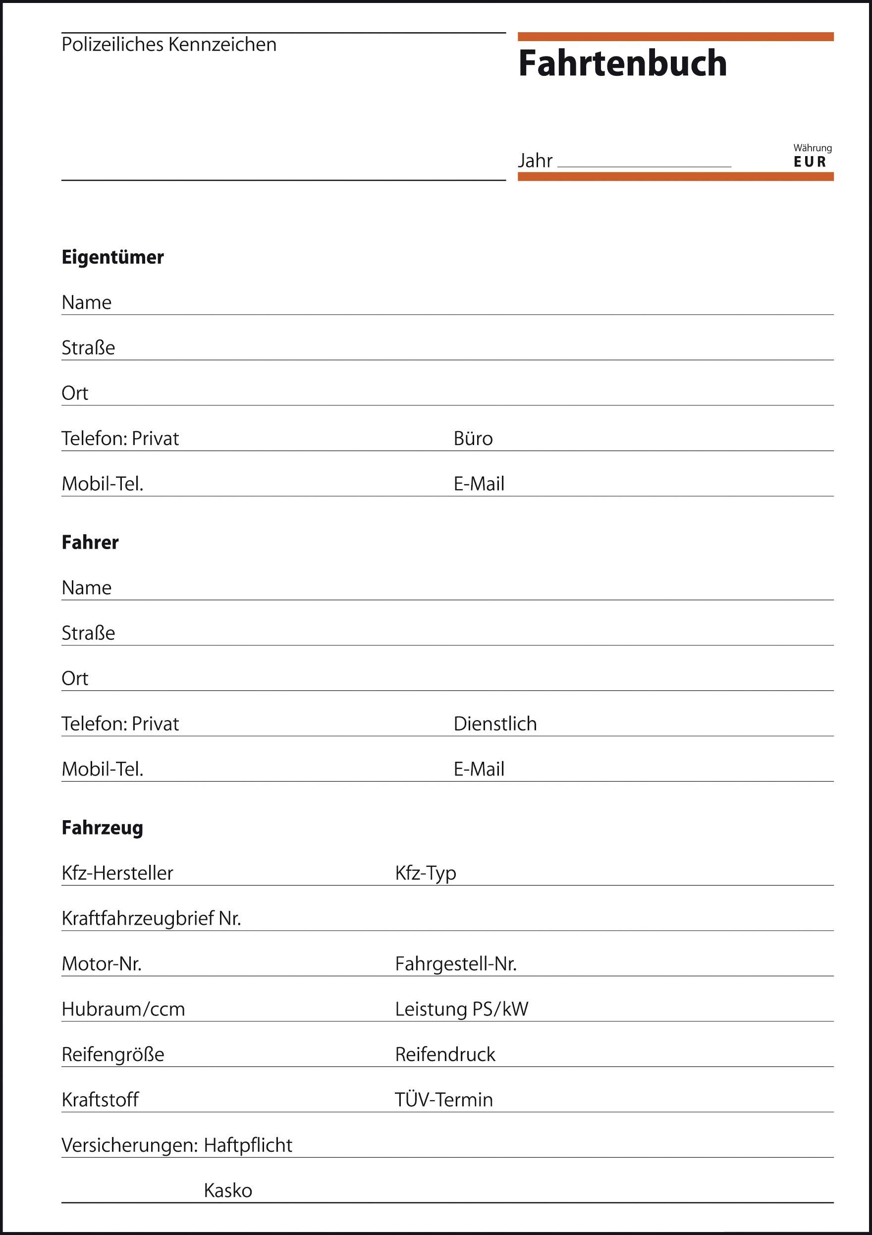 'Fahrtenbuch' Formular mit Feldern für Eigentümer- und Fahrerdaten, Fahrzeugdetails wie Kfz-Typ, Verbrauch, Tankkraftstoff, TÜV, Versicherung.