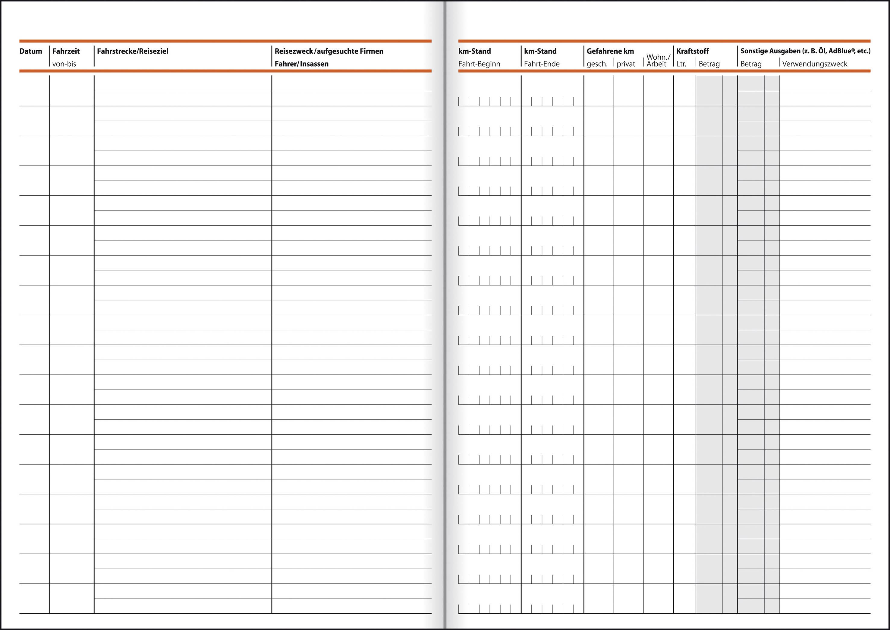 'Tabellenblatt für Fahrtenbuch.' Links: Datum, Fahrziel. Rechts: Stände, Fahrtzweck. Grau hervorgehobene Spalten für Rechnungen.