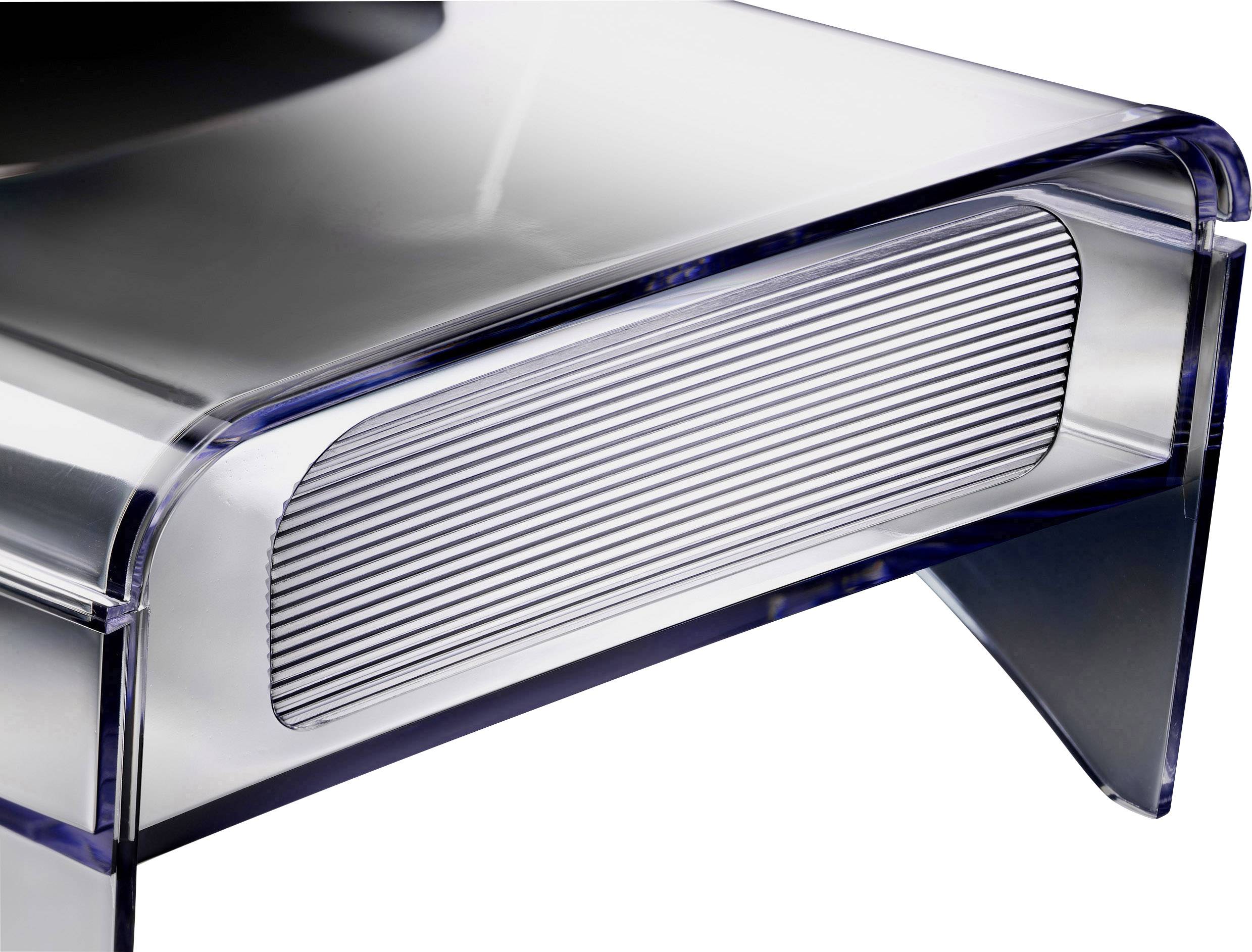 Ein glatter, moderner Metalltisch mit durchsichtigem Kunststoffelement auf der linken Seite, zeigt einen minimalistischen, futuristischen Stil.