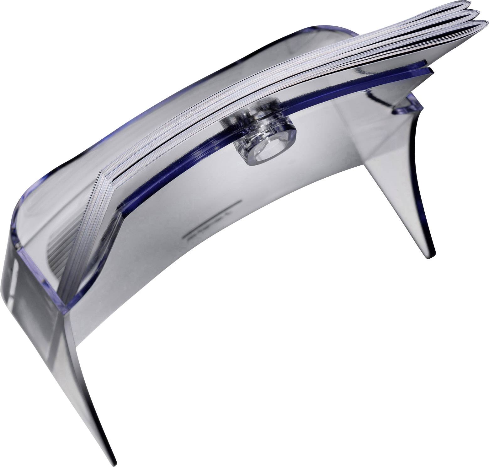 Ein transparenter Kartenhalter mit mehreren Karten, die ordentlich aufgereiht sind. Ideal für Büroorganisation und Visitenkartenpräsentation.