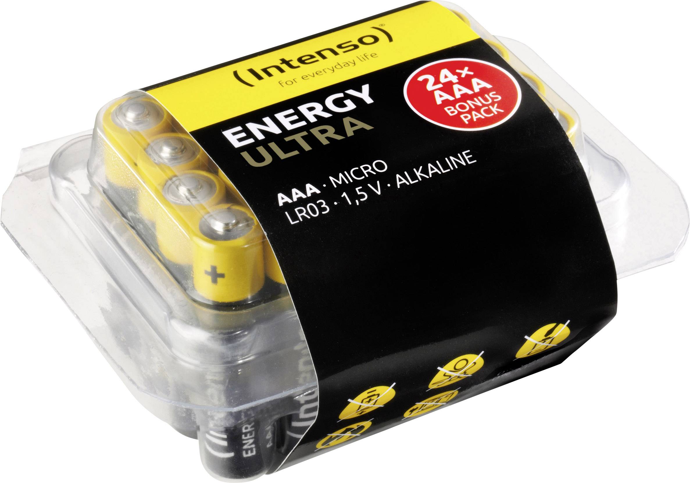 Verpackung mit 24 AAA Alkaline-Batterien von Intenso, beschriftet mit 'ENERGY ULTRA' und 'Bonus Pack'.