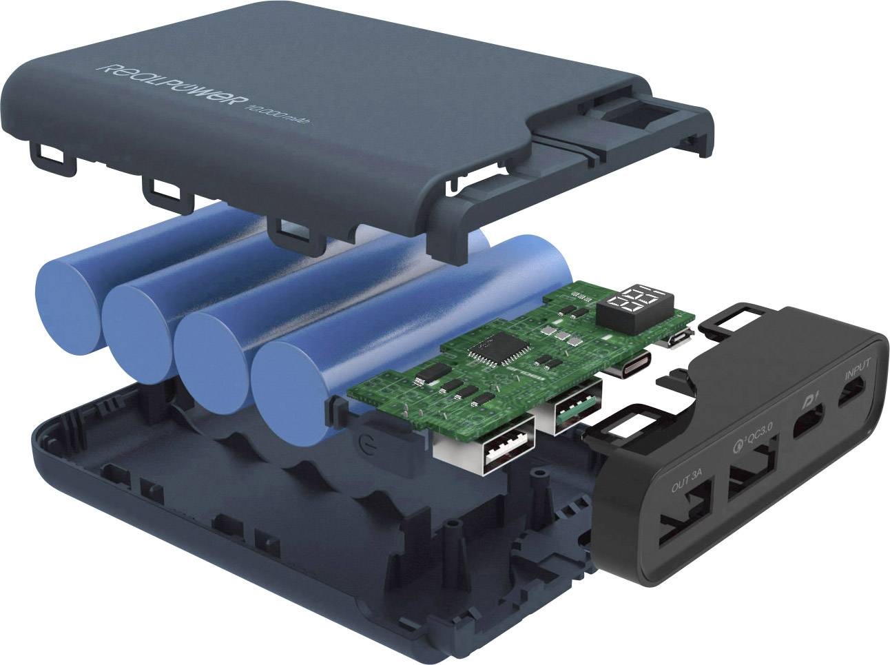 RealPower PB-10000 PD Powerbank 10000 mAh Quick Charge 3.0 Li-Ion Midnight Blau
