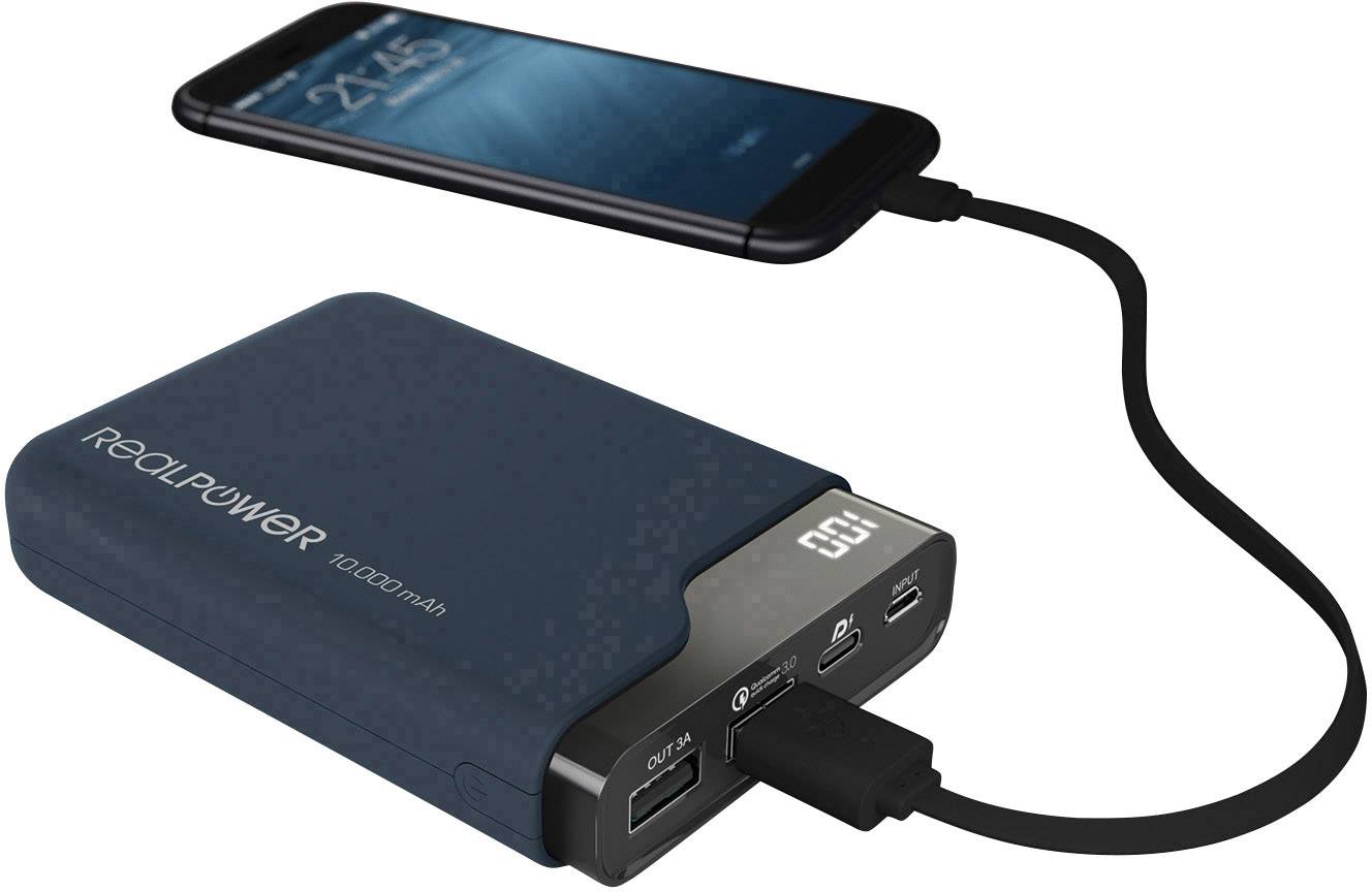 RealPower PB-10000 PD Powerbank 10000 mAh Quick Charge 3.0 Li-Ion Midnight Blau