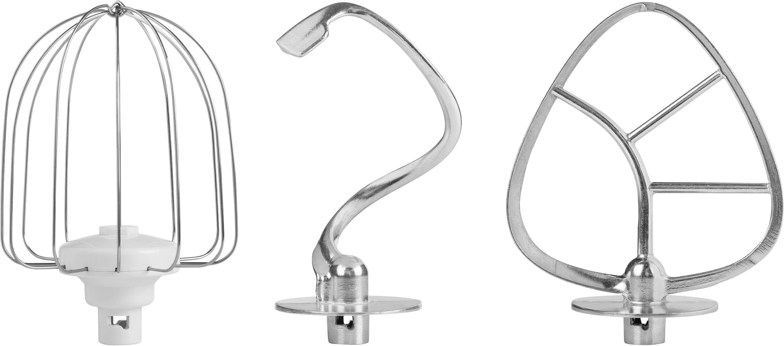 Drei verschiedene Rührköpfe: Schneebesen, Knethaken und Rührblatt für eine Küchenmaschine, alle aus Metall.