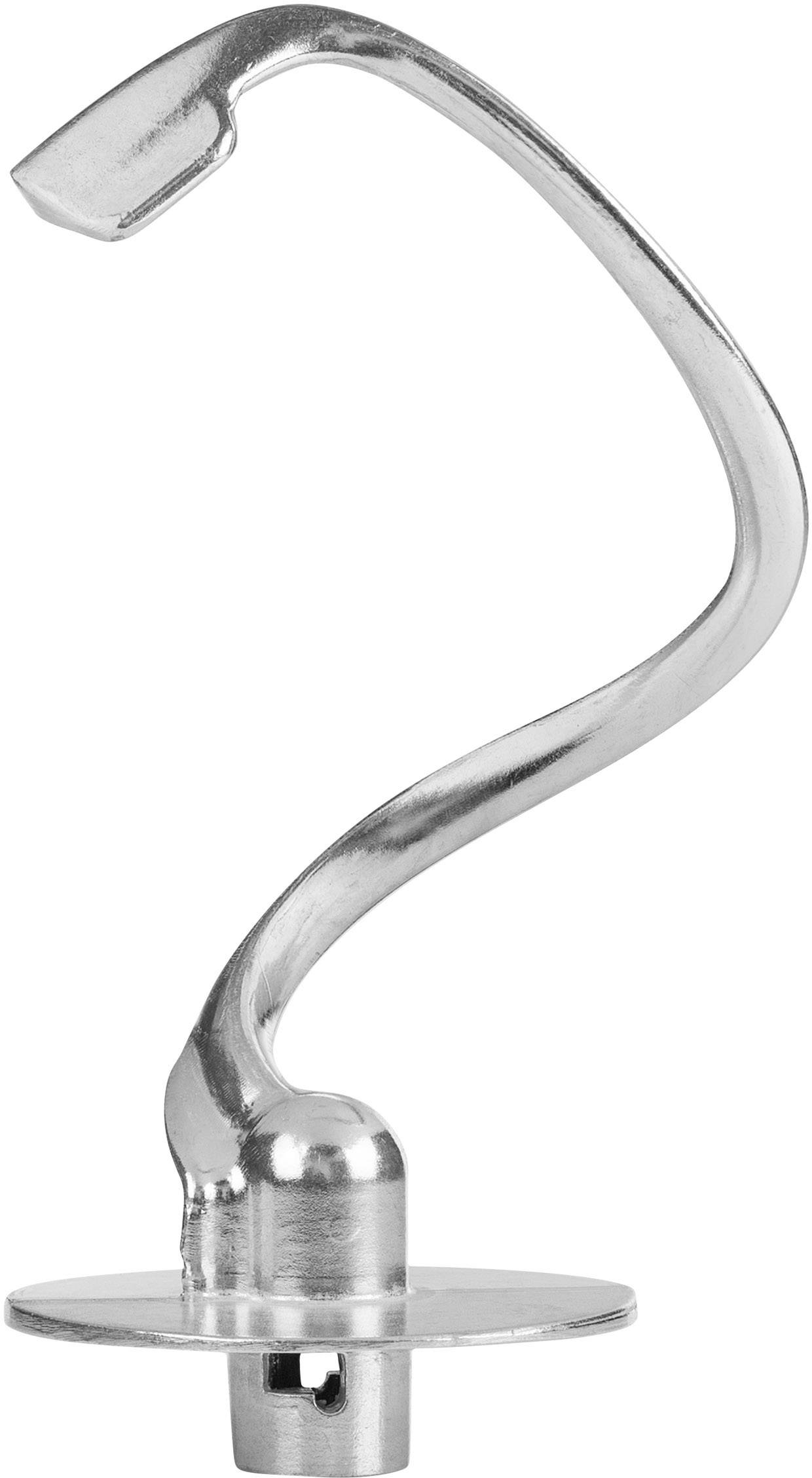 Ein silberner Knethaken aus Metall in einer spiralförmigen Form, der üblicherweise für Küchenmaschinen verwendet wird.