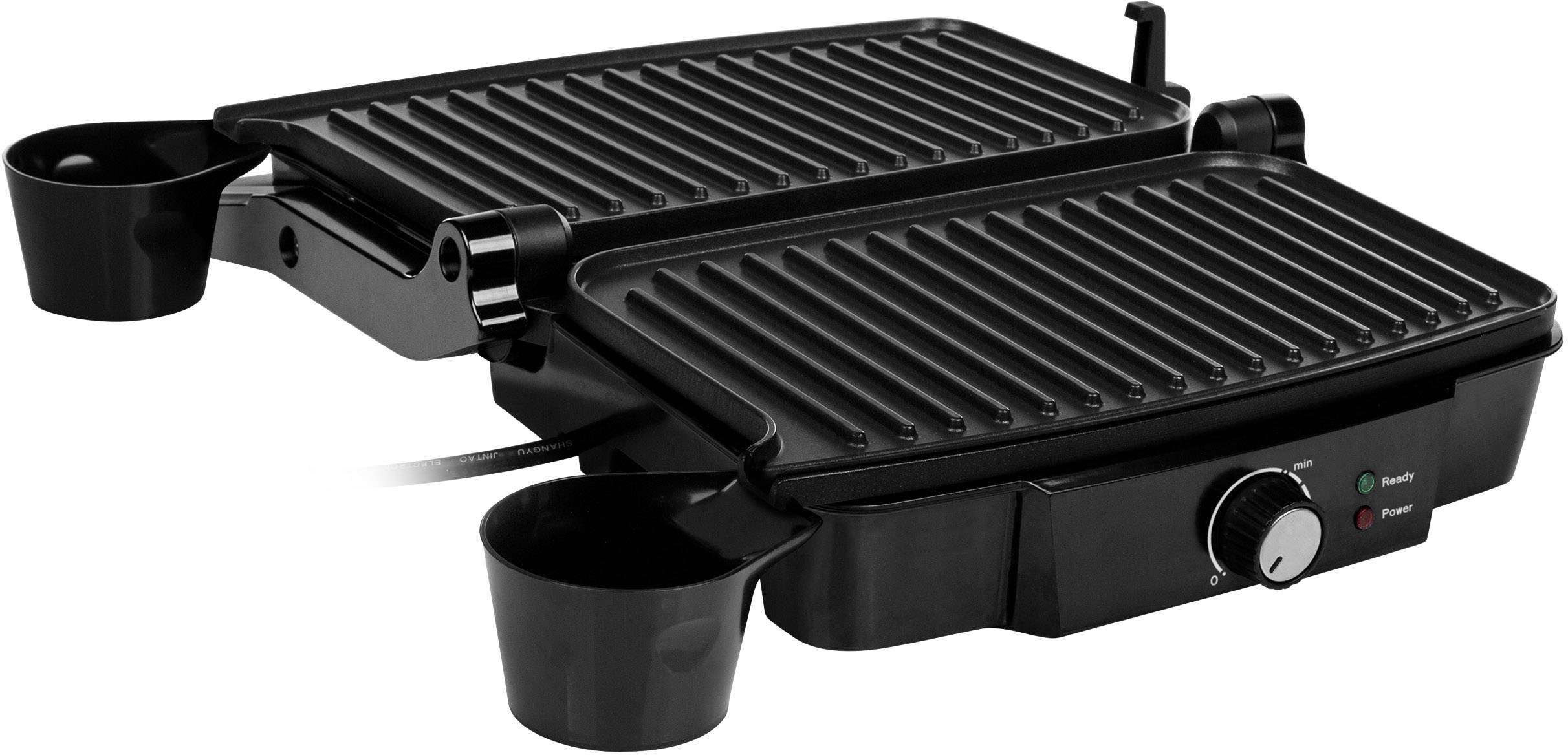 Schwarzer elektrischer Tischgrill mit Rillen, Temperaturregler und zwei Tropfschalen. Ideal für Innenraumgrillen.