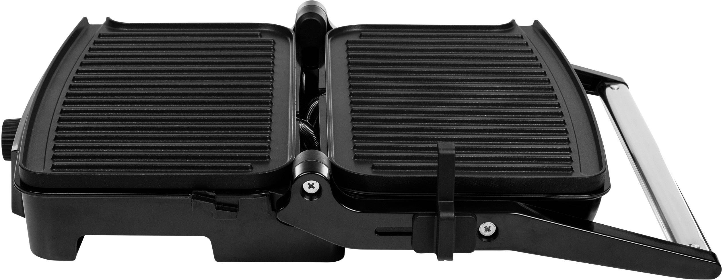 Ein schwarzer Kontaktgrill mit gerillten Platten ist geöffnet und zur Seite geneigt. Er eignet sich zum Grillen von Speisen.