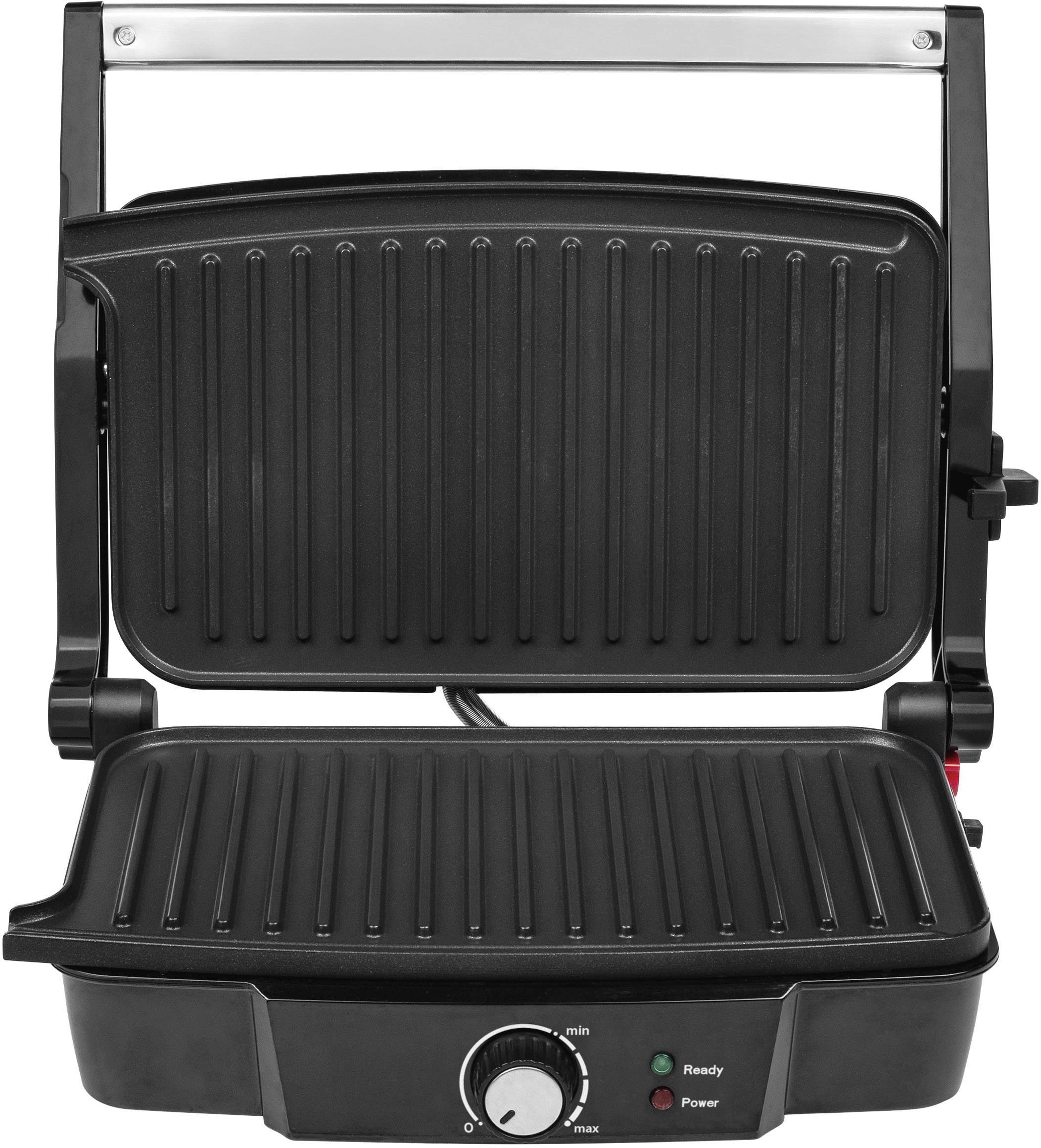 Ein geöffneter Kontaktgrill mit gerippten Platten. Der Temperaturregler hat Markierungen von 'min' bis 'max'. Anzeigen für 'Ready' und 'Power' sind sichtbar.