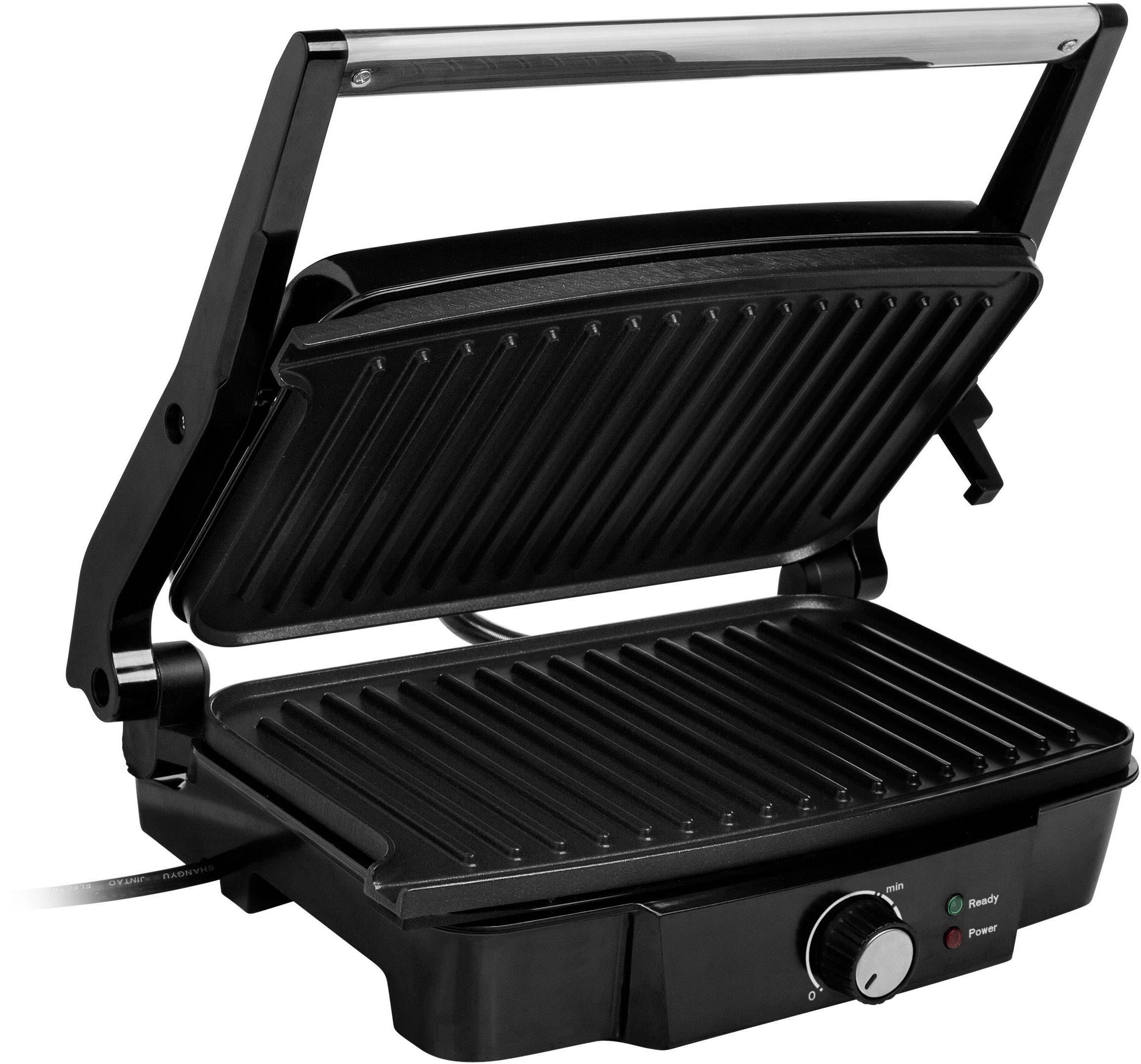 Ein elektrischer Kontaktgrill mit offenem Deckel, geriffelten Grillplatten und einem Drehknopf vorne, geeignet für Sandwiches und Grillgerichte.