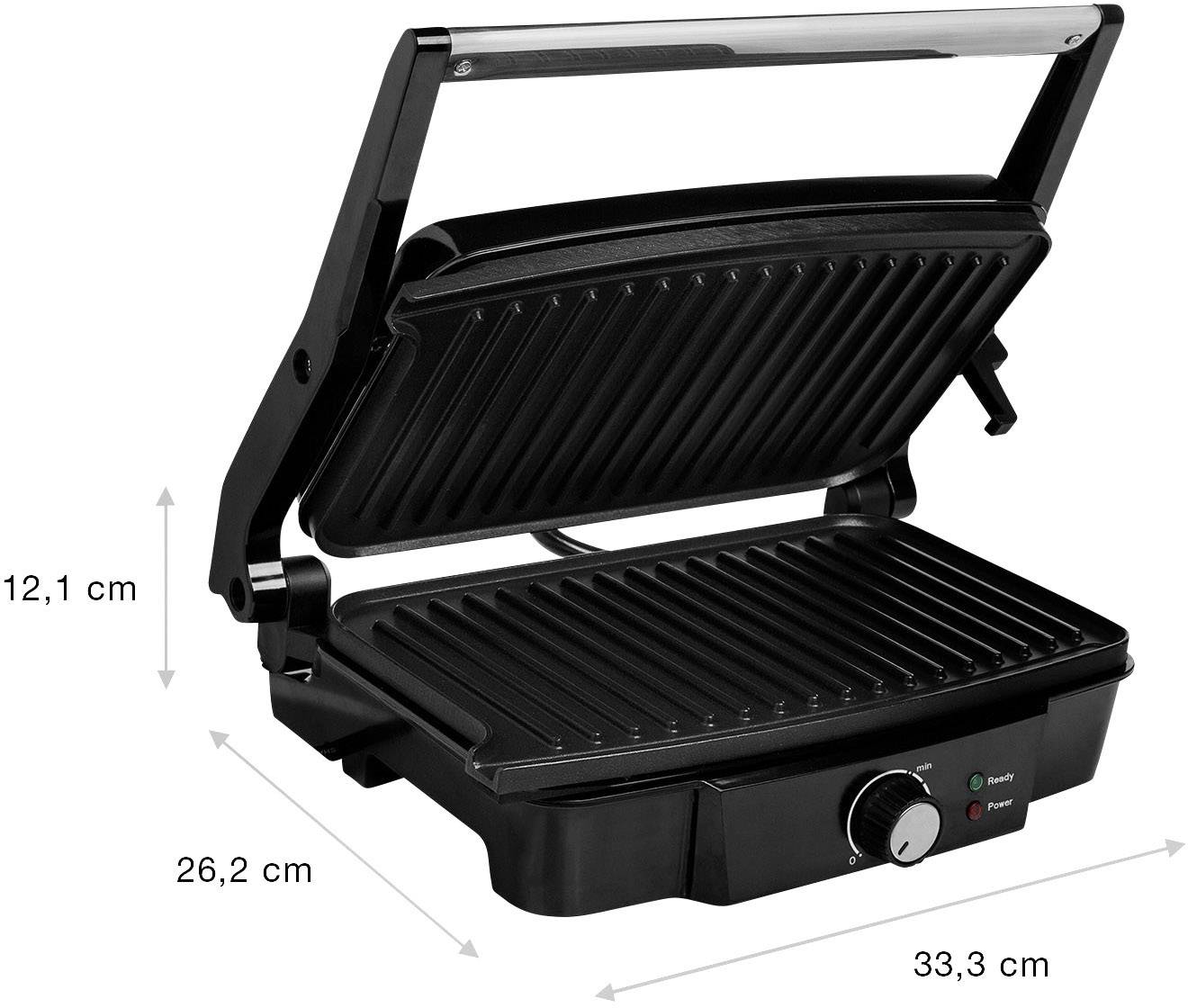 Ein schwarzer Kontaktgrill mit anhebbarer Grillplatte. Maße: 12,1 cm (H), 26,2 cm (T), 33,3 cm (B). Knöpfe für Power und Ready.