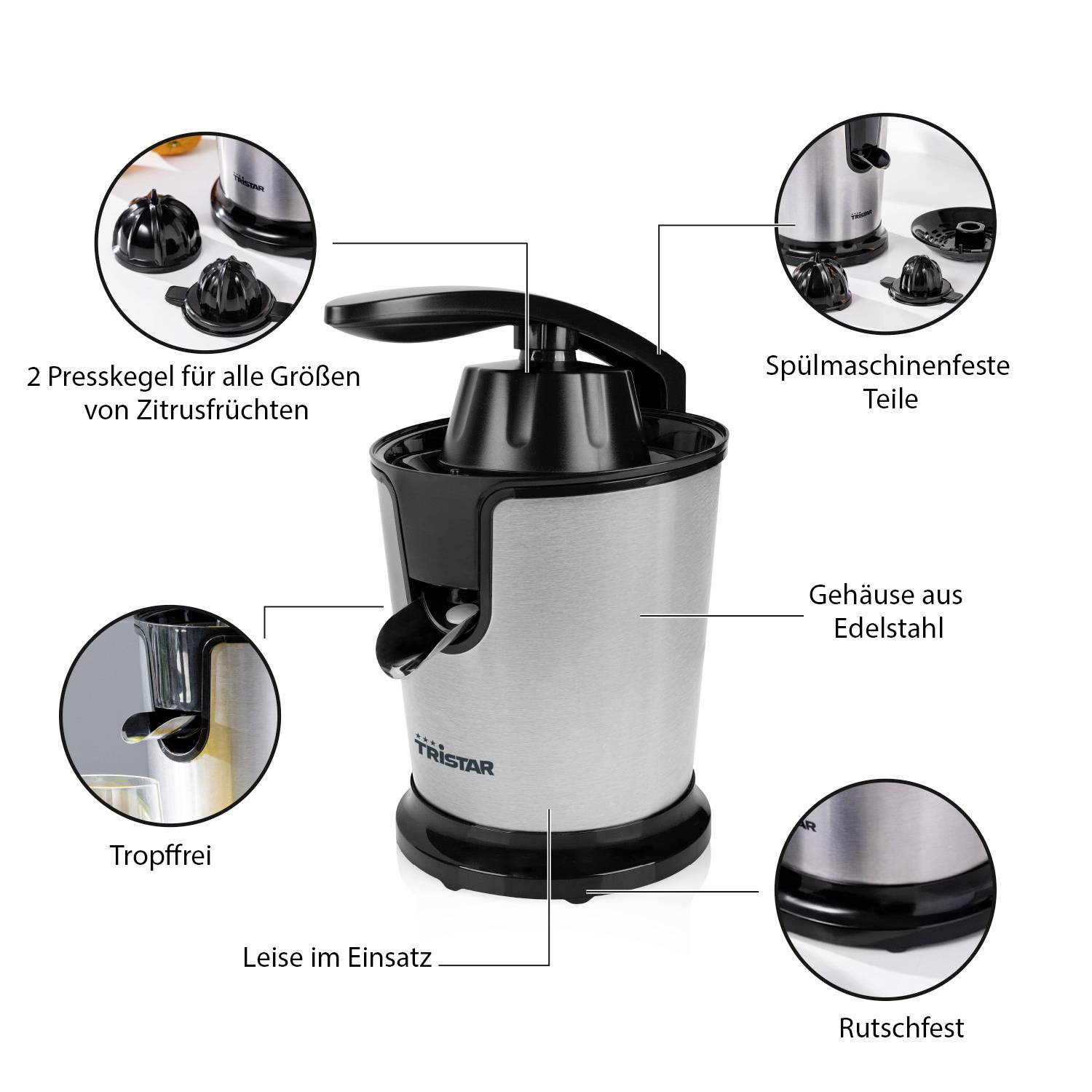 Tristar Zitruspresse CP-3002 85W Edelstahl, Schwarz