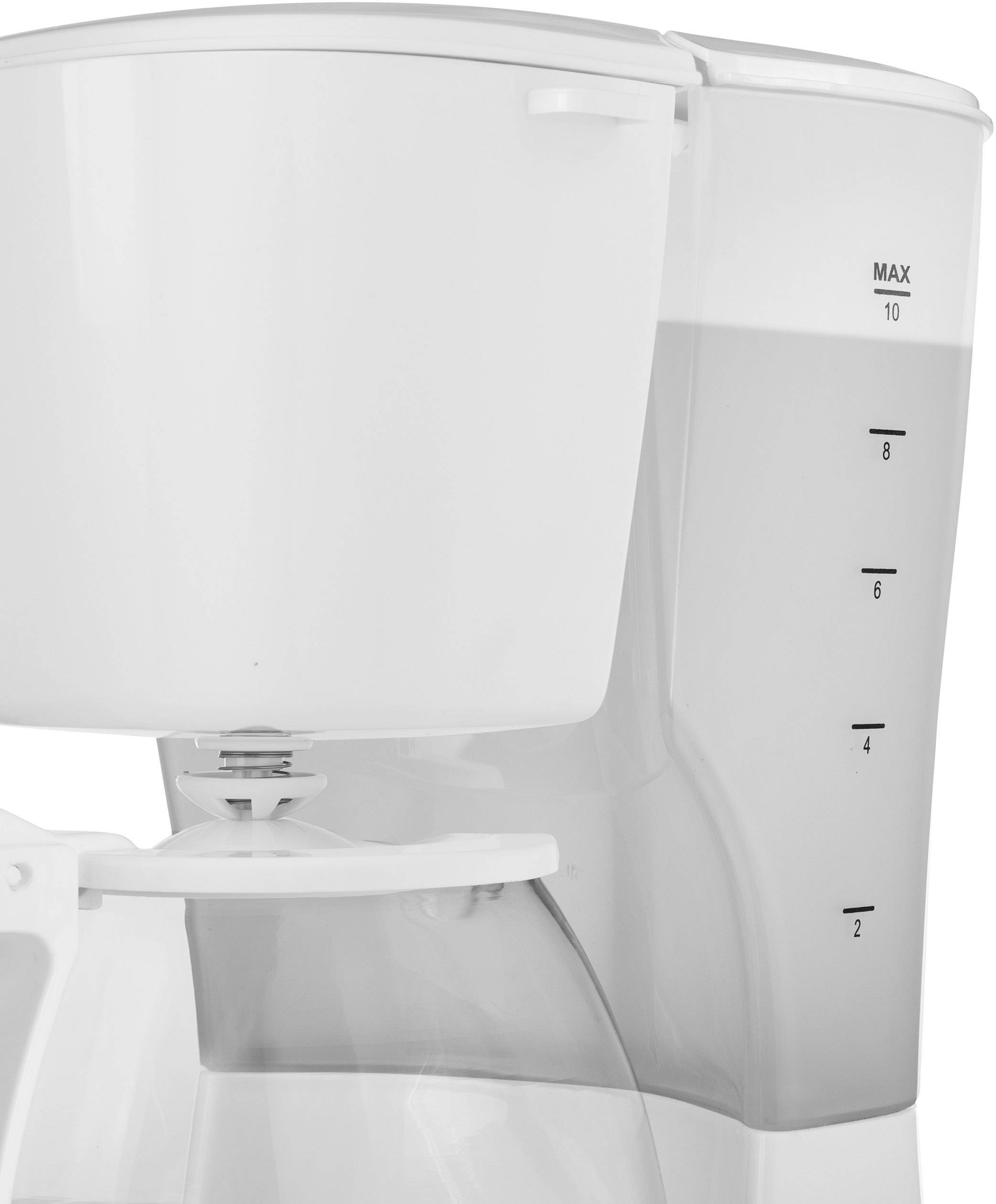 Ein weißer Wasserkocher mit transparentem Wasserbehälter, der Markierungen für Wassermengen von 2 bis 10 Tassen zeigt.