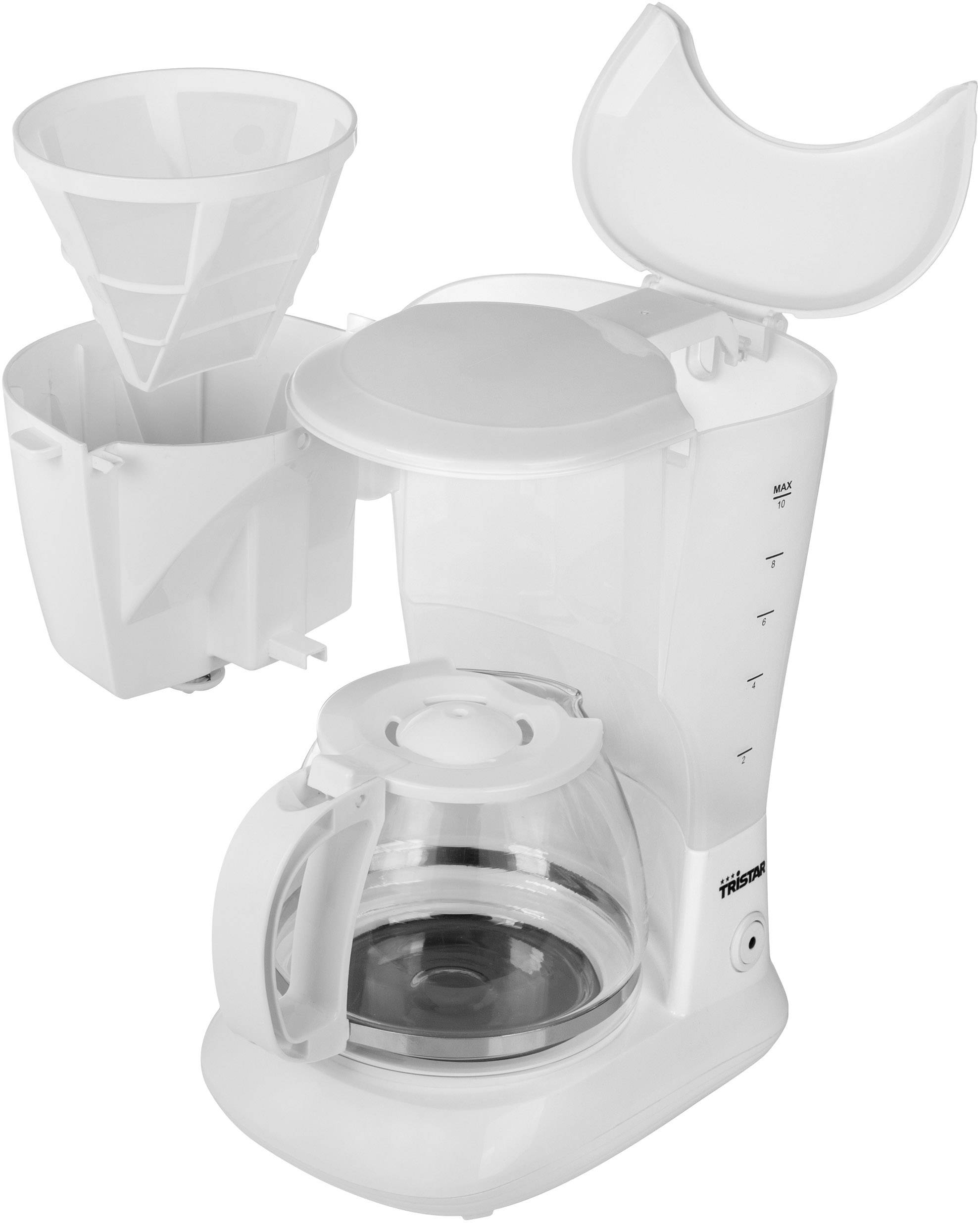 Weiße Filterkaffeemaschine mit geöffnetem Filterhalter und Wasserbehälter, zeigt Innenansicht und Glaskanne darunter.