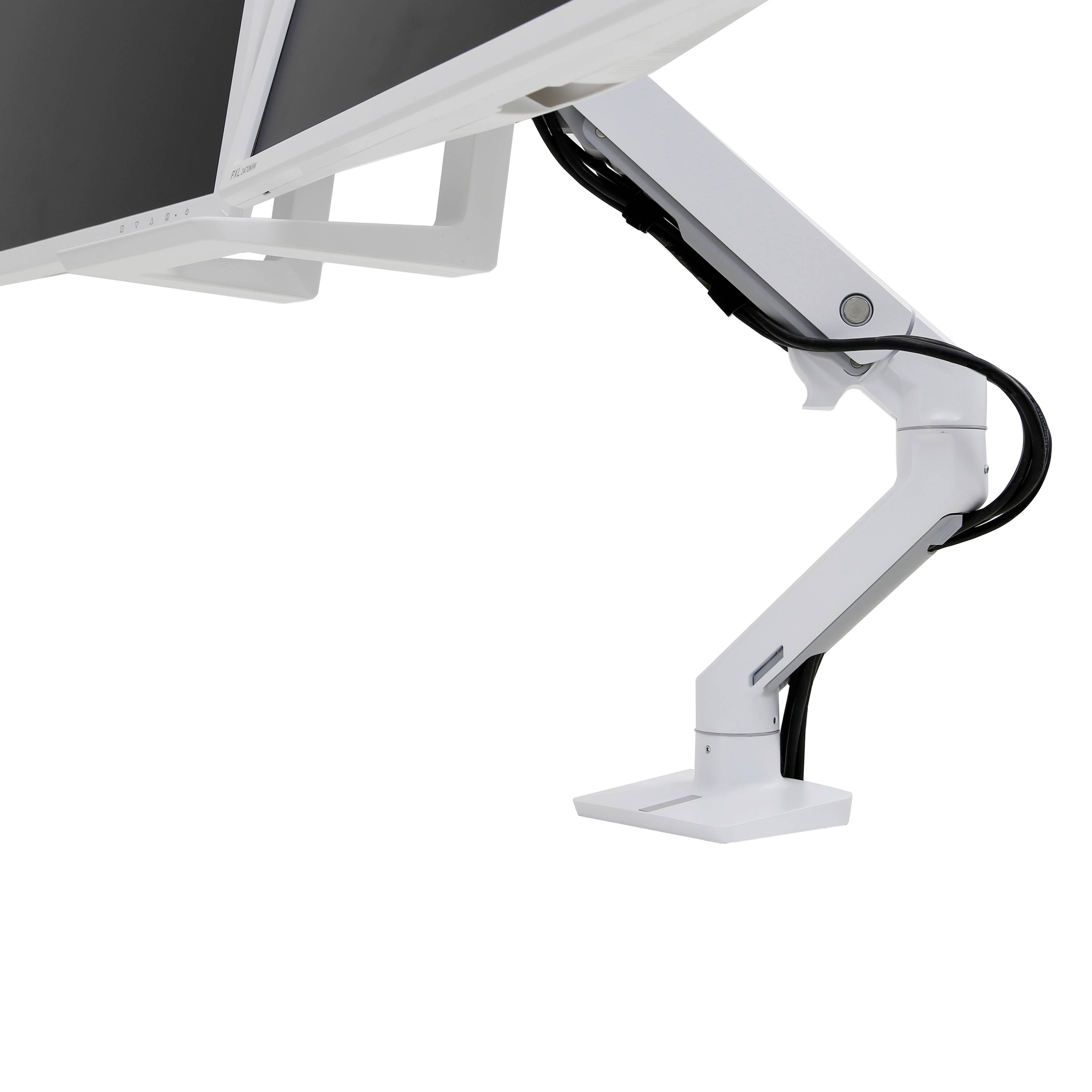 Ein weißer, verstellbarer Monitorarm aus Metall zur Befestigung auf einem Schreibtisch. Er hebt und senkt einen Bildschirm für ergonomische Anpassung.