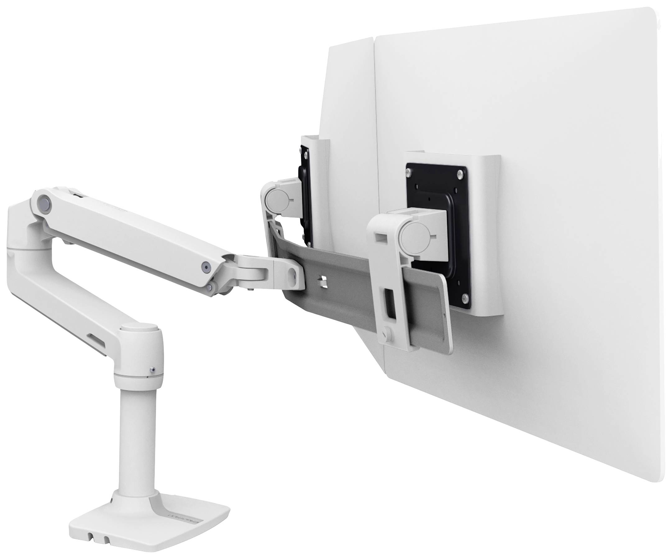 Ein verstellbarer Monitorarm in Weiß, der zwei Bildschirme hält. Der Arm ist an einem Tisch befestigt und ermöglicht flexibles Neigen.