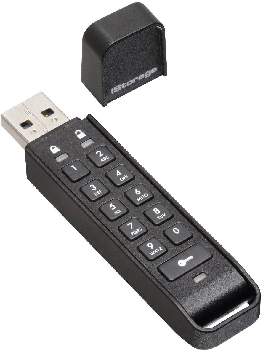 USB-Stick mit integriertem Tastenfeld zur Eingabe eines PIN-Codes für verschlüsselte Datenspeicherung. Gehäuse geöffnet, Aufschrift 'iStorage'.
