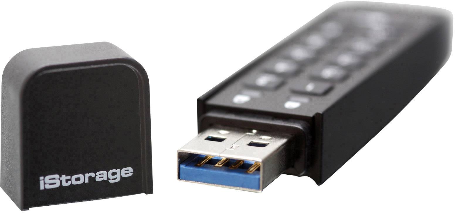 USB-Stick mit abnehmbarem Deckel und Tasten für die Eingabe des Zugangscodes, Marke 'iStorage', zur sicheren Datenspeicherung.