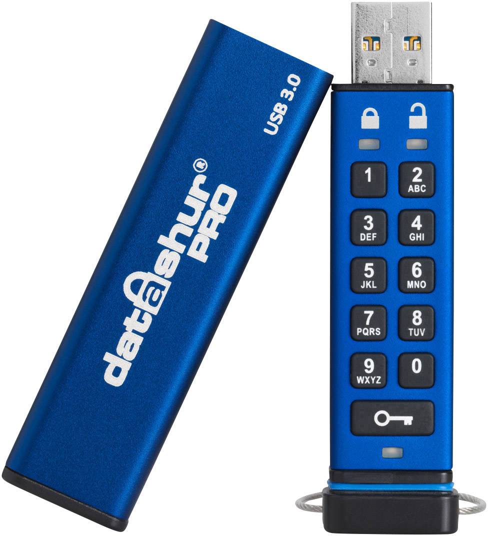 USB-Stick mit Sicherheitsfunktionen, blau. Zeigt eine numerische Tastatur für PIN-Eingabe und einen abnehmbaren Schutzdeckel.